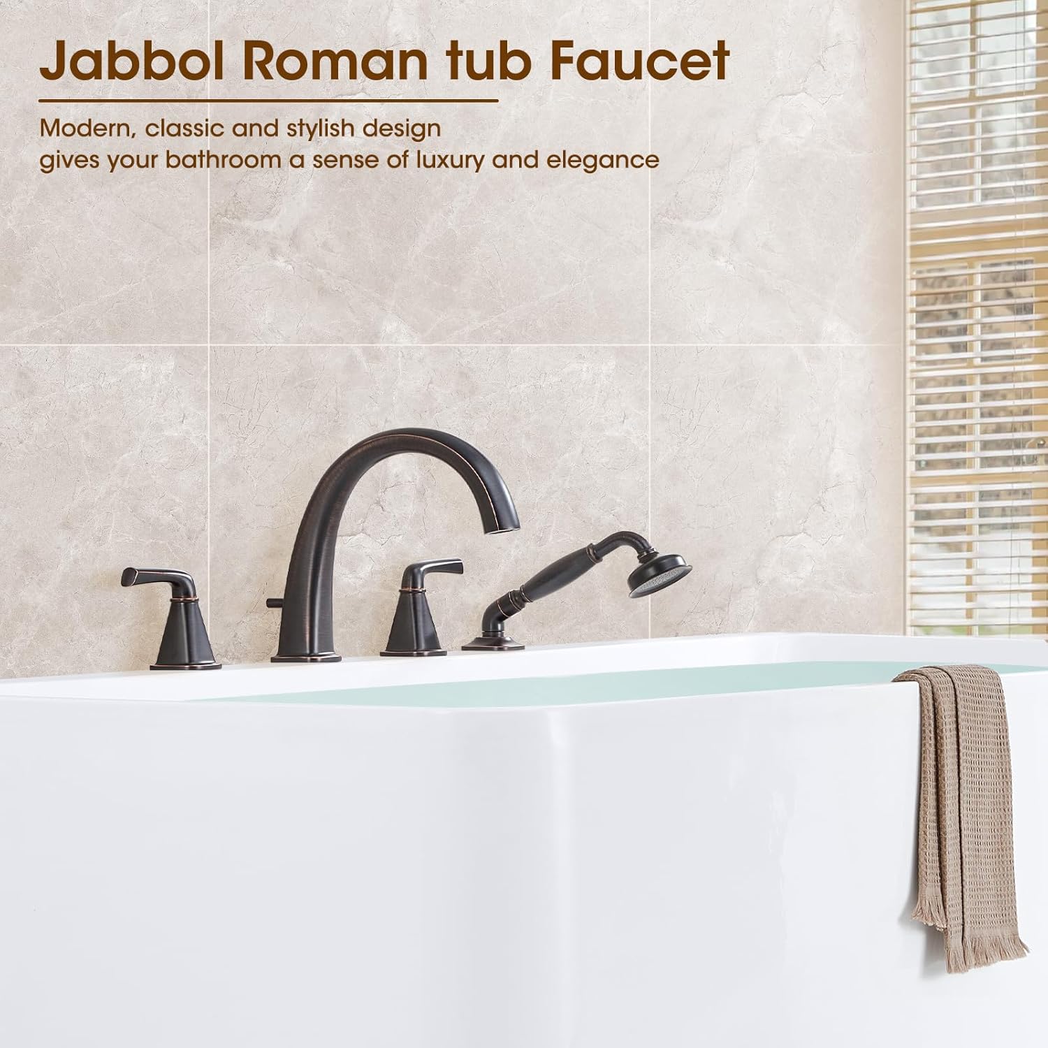 High Flow Roman Tub Faucet with Hand Shower, Oil-Rubbed Bronze Deck Mount Bathtub Faucet 4 Hole with Valve, Solid Brass 2-Handle Widespread Bathtub Faucets with Hot & Cold Supply Lines 8808ORB JB-1