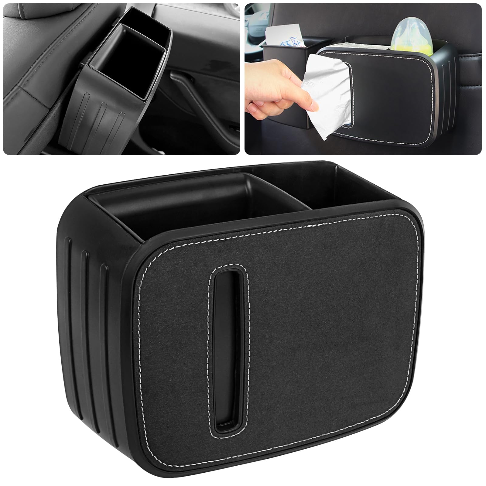 ONKENTET Seat Back Organizer Compatible with Tesla Model 3 (2017-2023) Model Y (2019-2023) Backseat Organizer Storage Box Suede Hanging Storage Pocket Drink Bins Holder Interior Accessories (Black)