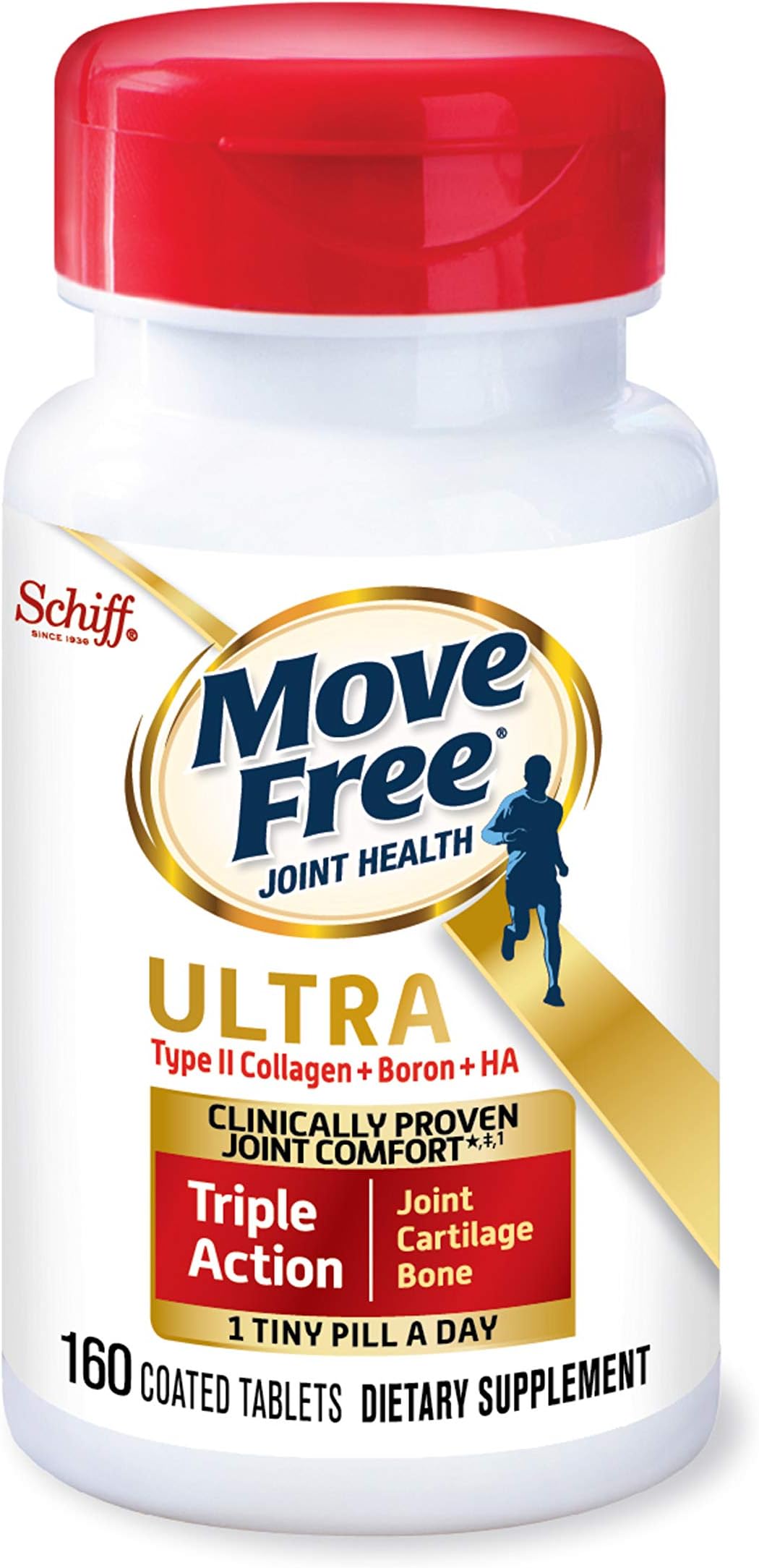 Move Free Ultra Triple Action Joint Support Supplement - Type II Collagen Boron & Hyaluronic Acid - Supports Joint Comfort, Cartiliage & Bones in 1 Tiny Pill Per Day, 160 Tablets (160 servings)*