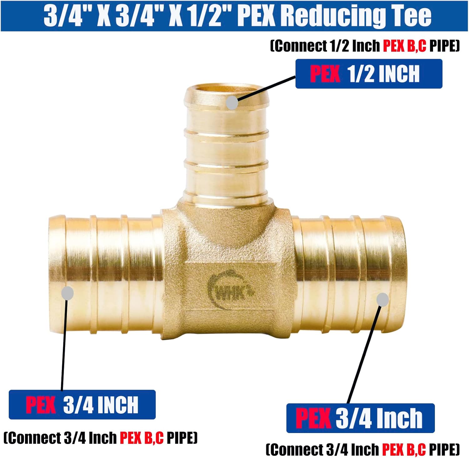 WHK 12 PACK 3/4" X 3/4" X 1/2" PEX Reducing Tee Crimp fittings to apply for Pex B (Lead-Free Brass)