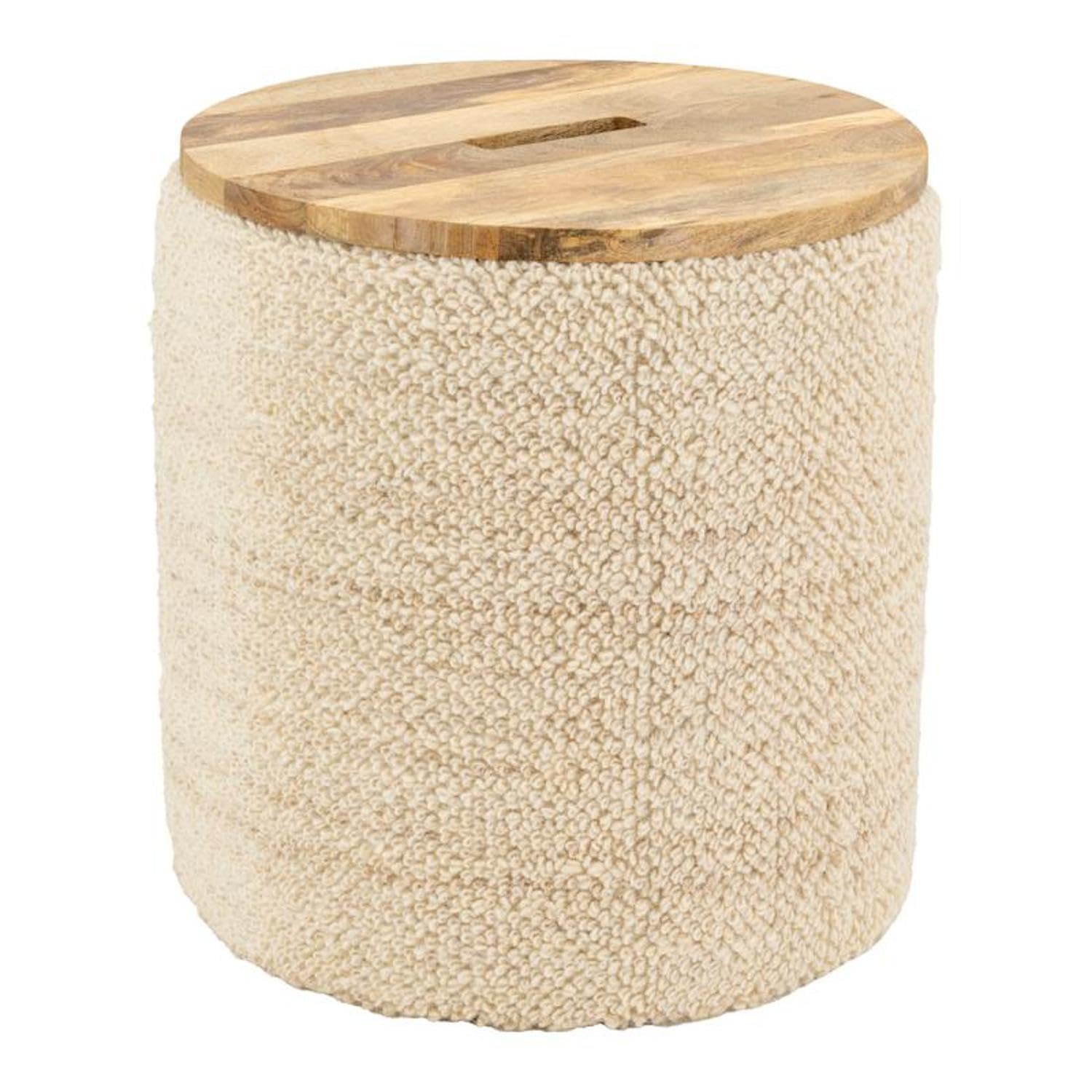 Pouf coffre en laine Ø40 H45 Aubry Gaspard avec couvercle en manguier