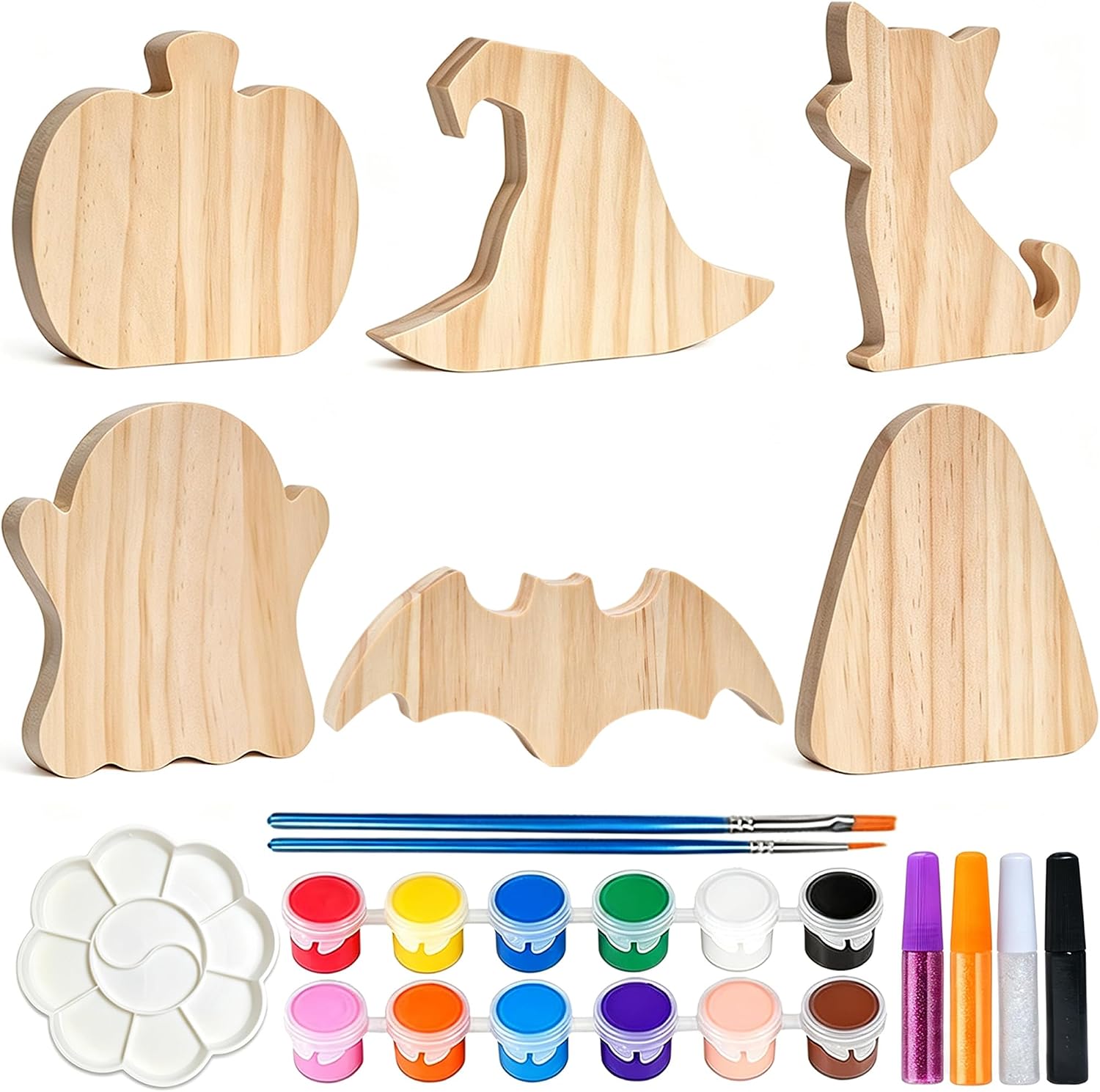 Halloween Wood Craft Kit, 6 DIY Paintable Wooden Ornaments for Tabletop