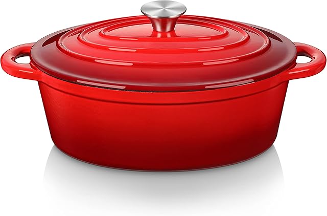 Velaze Enameled Cast Iron Casserole Dish with Lid, 5 Litre Non Stick Cooking Pan Pot Dutch Oven, Enamel Coating, Good Sealing, for All Heat Source, Classic Red