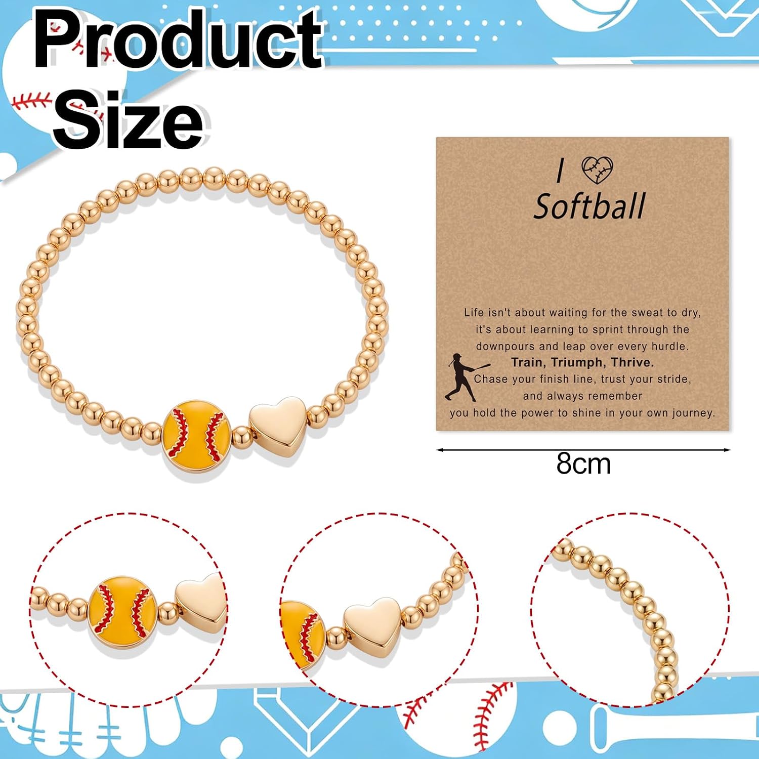 Tondiamo 20 Set Softball Volleyball Gold Beaded Bracelets Team Gifts Bulk Beaded Stretch Dainty Gold Plated Sport Team Accessories with Inspirational Cards Jewelry Gifts for Women Athlete