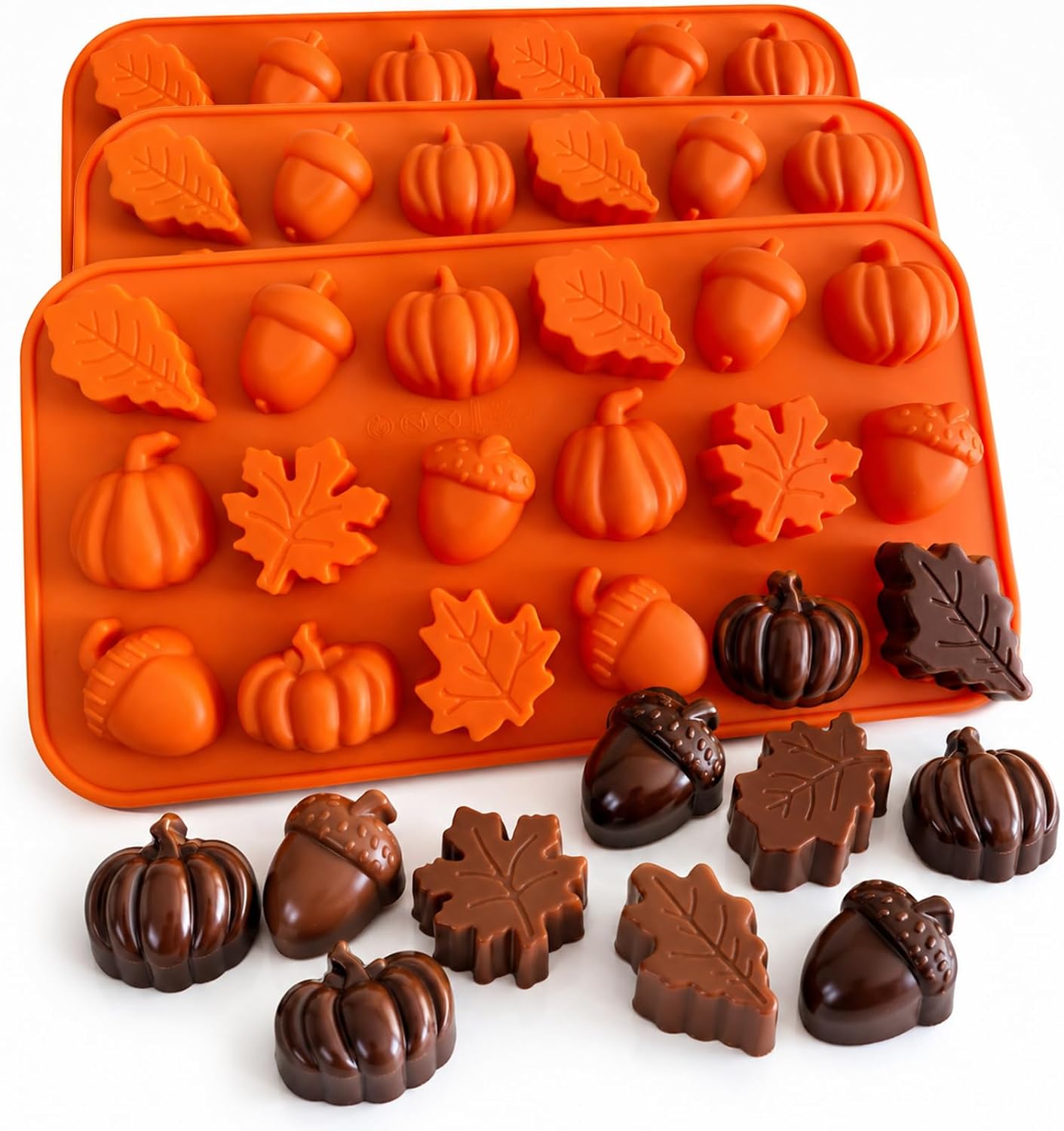 3Pack Thanksgiving Silicone Molds 3D Pumpkin Silicone Mold Fall Silicone Molds Autumn Maple Leaf Pumpkin Acornshape Thanksgiving Fall Theme Silicone Molds for Cupcake Topper Gummy Ice Cube Resin Soap
