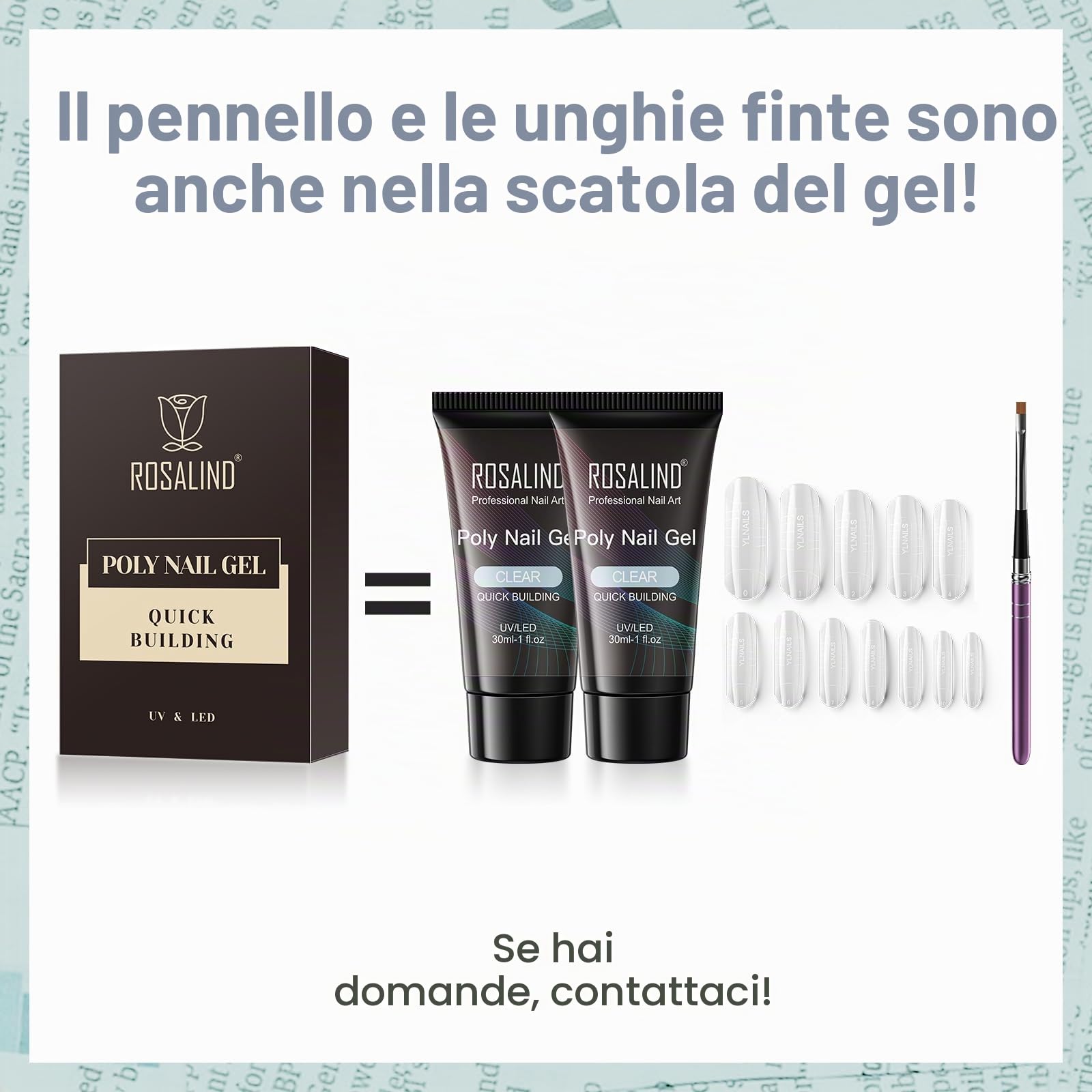 ROSALIND Kit Gel Unghie Ricostruzione, Acrilico Poly Nail Gel 30ml 2pcs | Trasparente Colori, con Pennello e Unghie Finte, Gel Estensione Unghie Gel per Ricostruzione Ispessente per Unghie, Nail Art