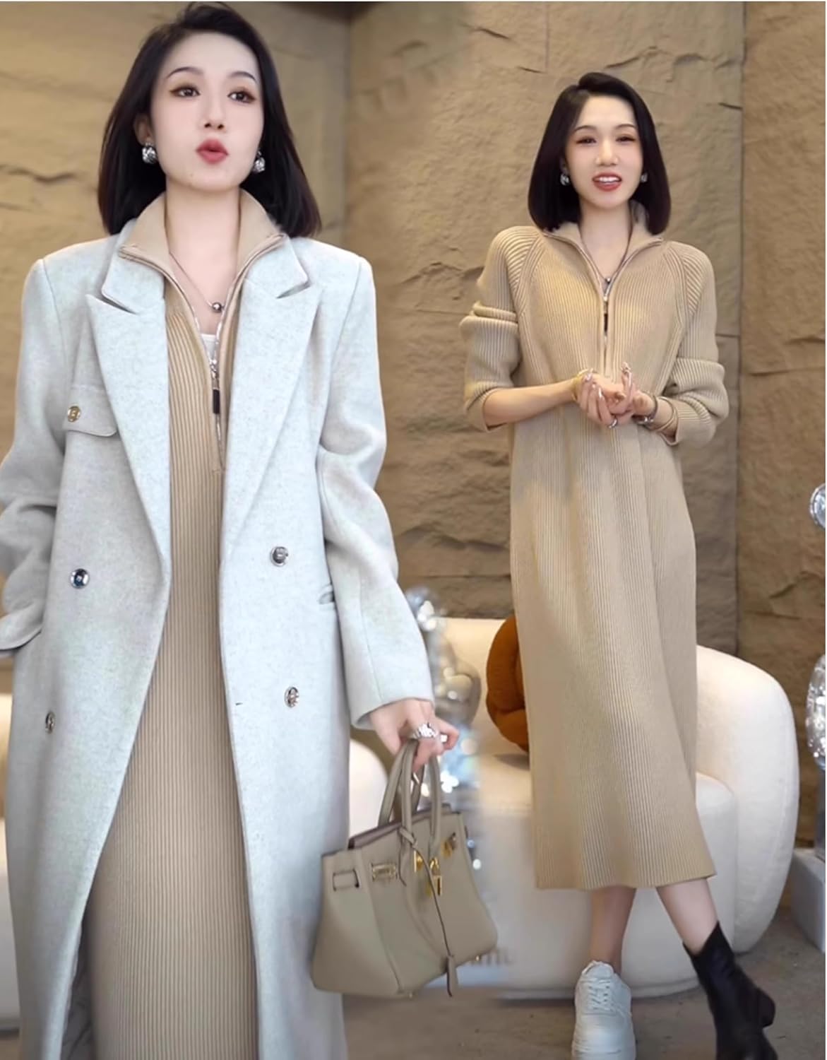 LIXINGHEITANG Autumn and Winter mid-Length Sweater Skirt for Women Thickened Warm Knitted Dress Tea Color