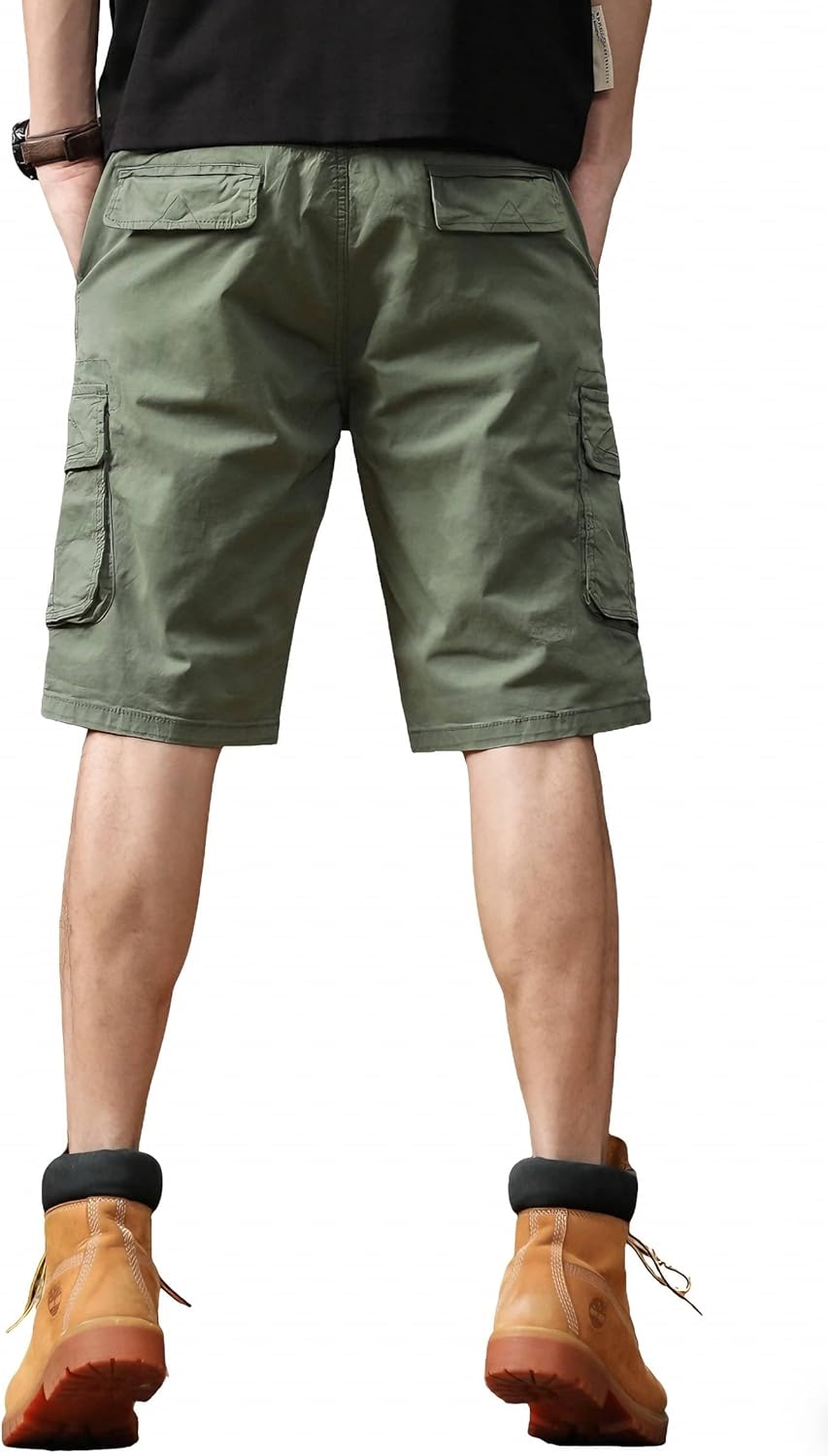 Men's Cargo Shorts 7 Pockets Vintage Washed Cotton Stretch Short Pants Elastic Rib Waist Drawstring Closure
