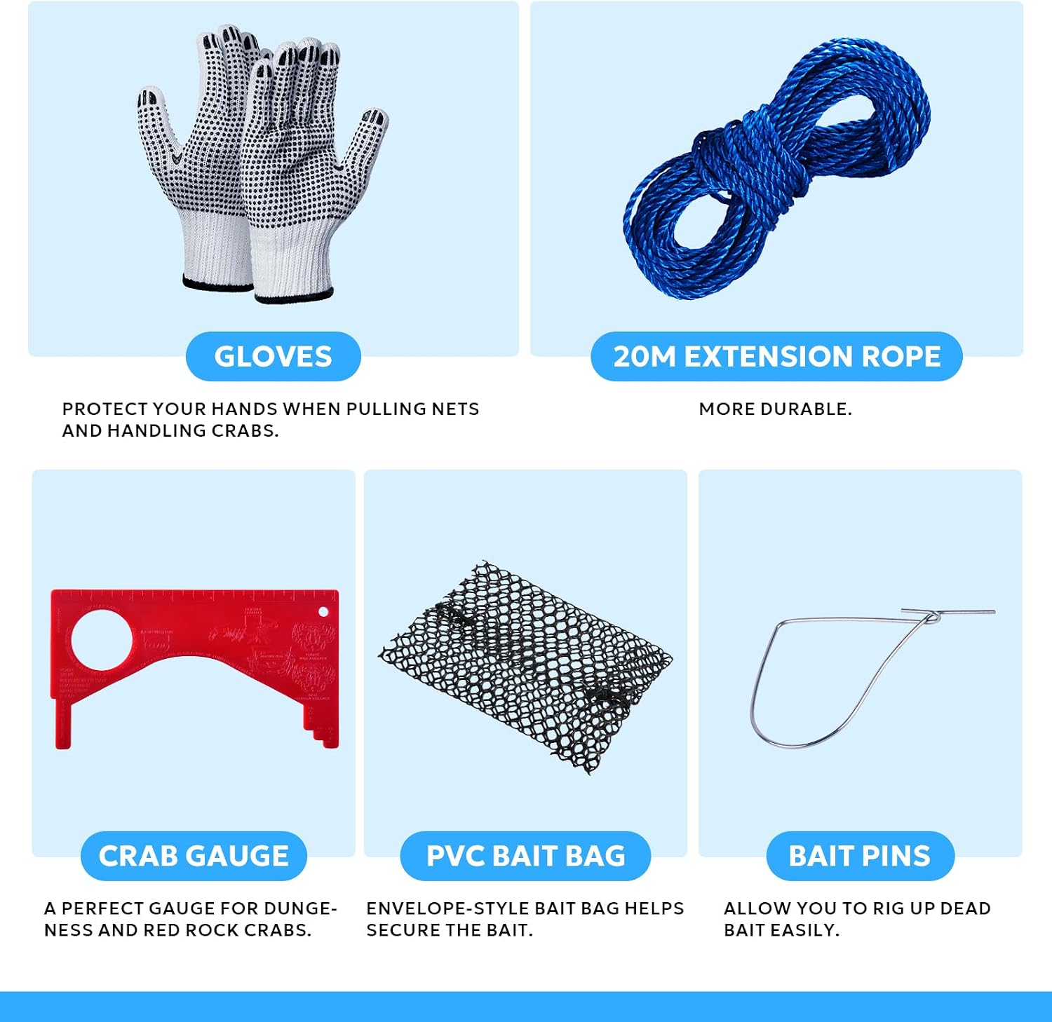 Crab Ring Trap kit, 29.5’’ Lightweight 4.4LB/Heavy Duty 8.6LB Crab Net for Crabbing with Fishing Buoy, Gloves, 65' Extension Rope, Bait Bag, Clip, Gauge for Dungeness, Rock and Blue Crab