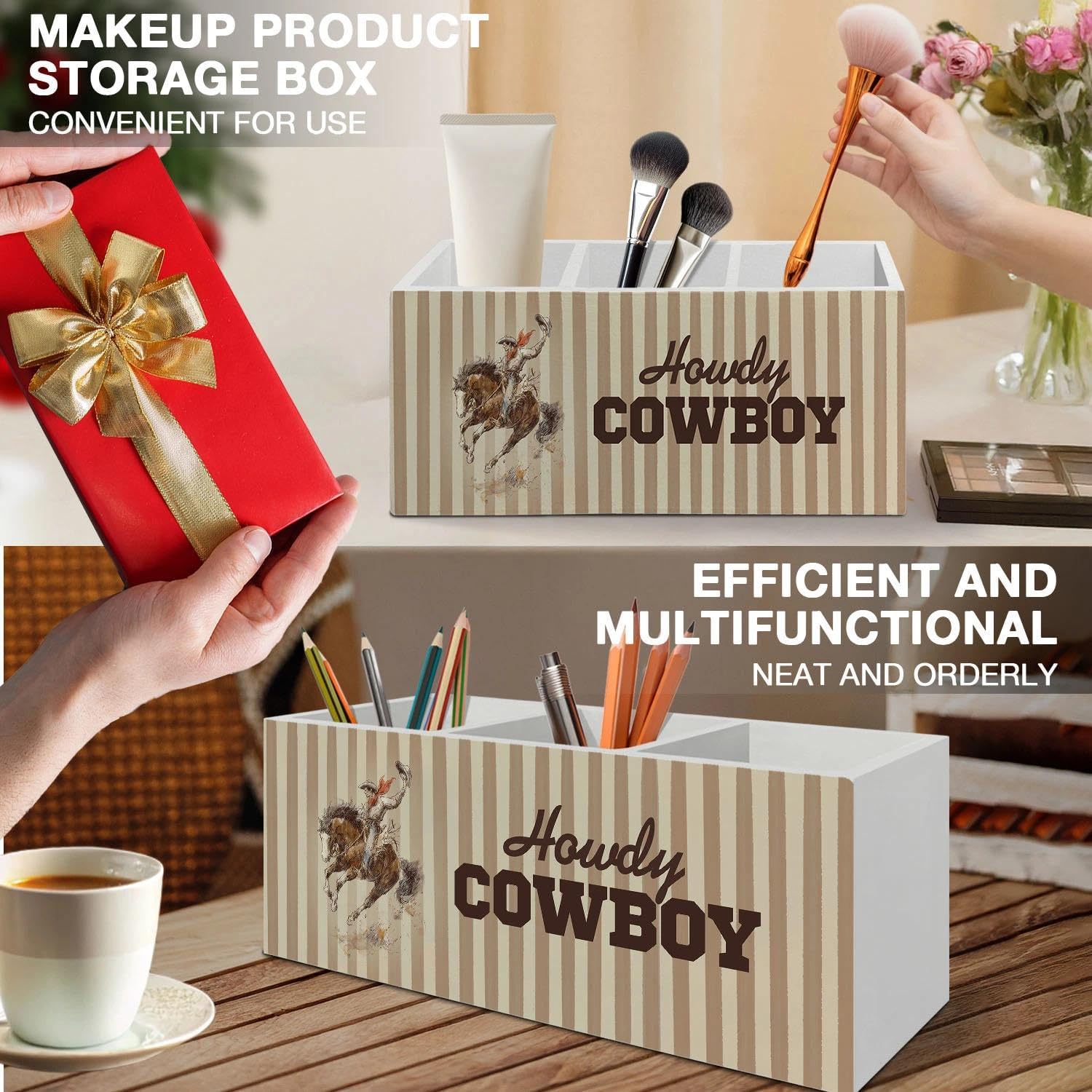 Western Cowboy Pen Pencil Holder Organizer for Desk Accessories, Cowboy Gifts, Brown Striped Western Horse Rodeo Wooden Box Signs Decorations for Office Home Desk Tabletop image 5