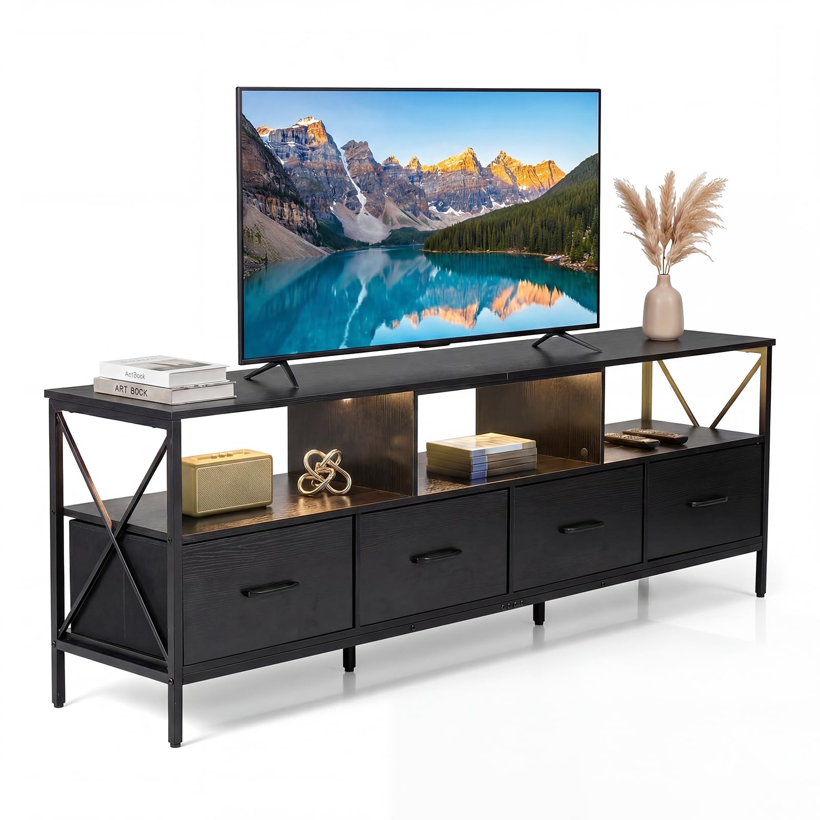 COSTWAY LED TV Unit for 80 Inch TVs, 180cm TV Stand Cabinet with 4 Fabric Drawers & Storage Shelves, Metal Frame Wooden Media Console Table Entertainment Center for Living Room Bedroom (Black)