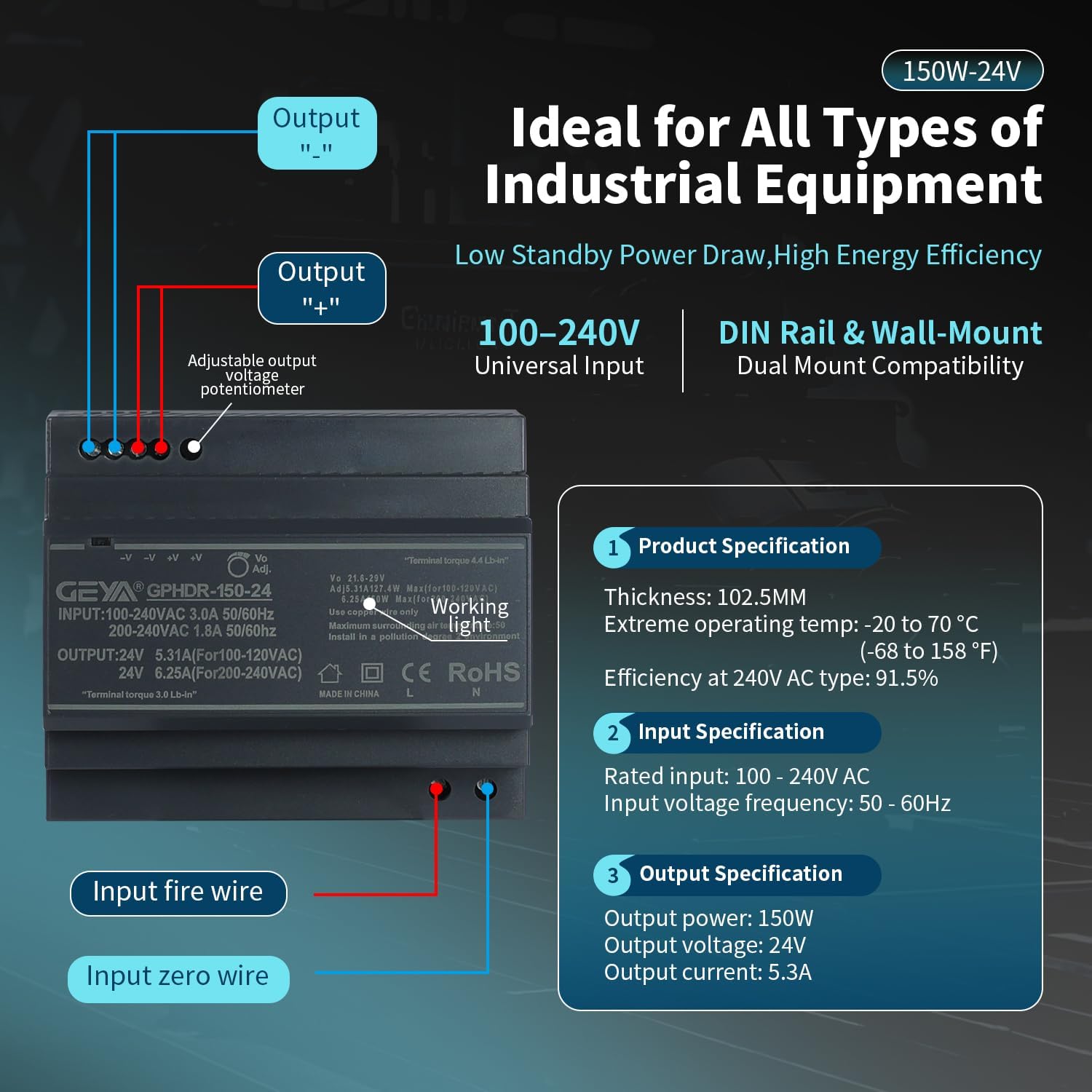 Ultra Slim Step-Shape DIN Rail Power Supply, 24V 5.31A 127.4W GPHDR-150-24 for Industrial Automation, Communication Base Stations, Data Centers and Medical Equipment