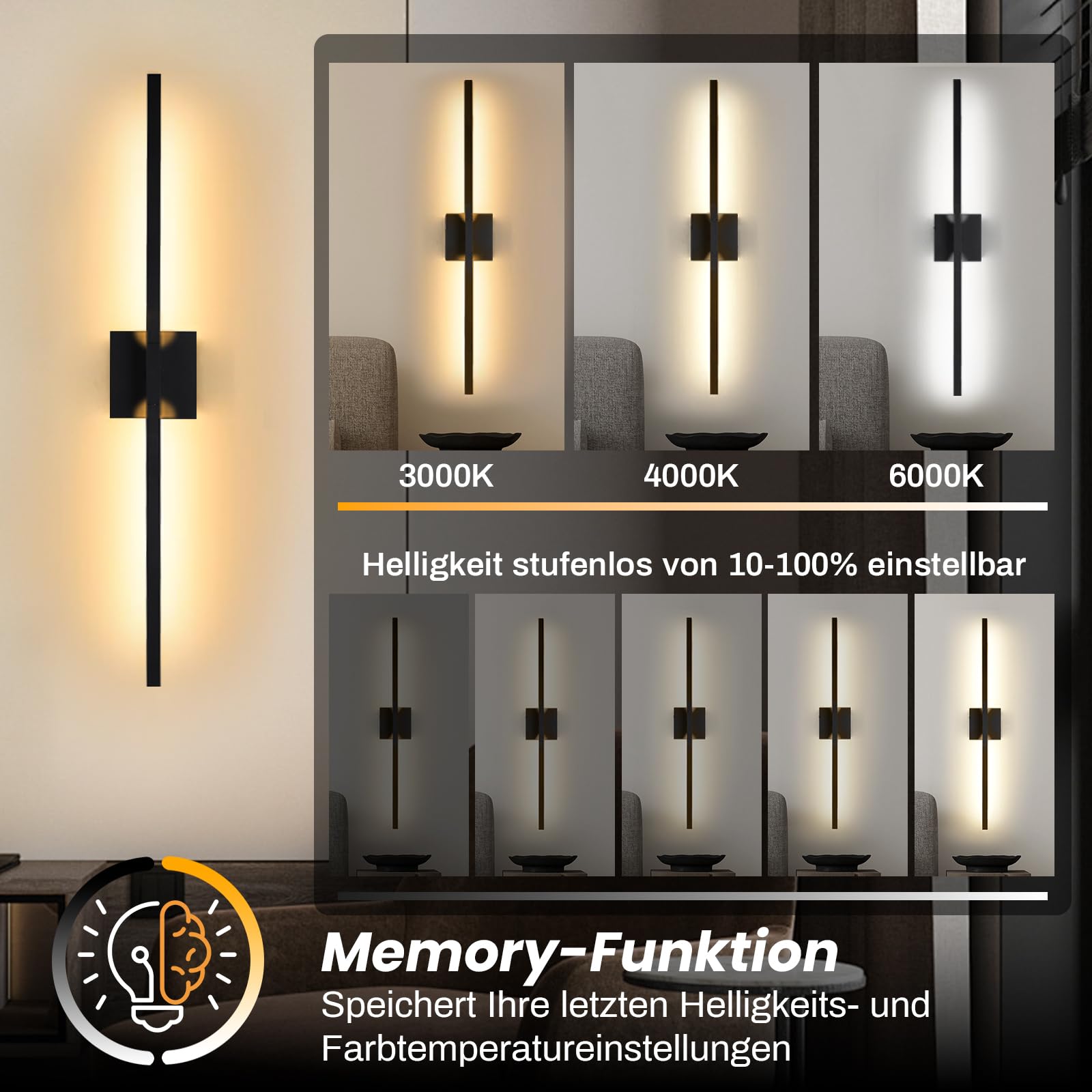 Akku Wandleuchte Innen Schwarz 10000mAh,80cm Wiederaufladbar Wandlampe,3 Farbtemperaturen Dimmbar,Moderne Kabellose Leuchte mit Fernbedienung,360°Drehbar & Timer für Schlafzimmer & Wohnzimmer