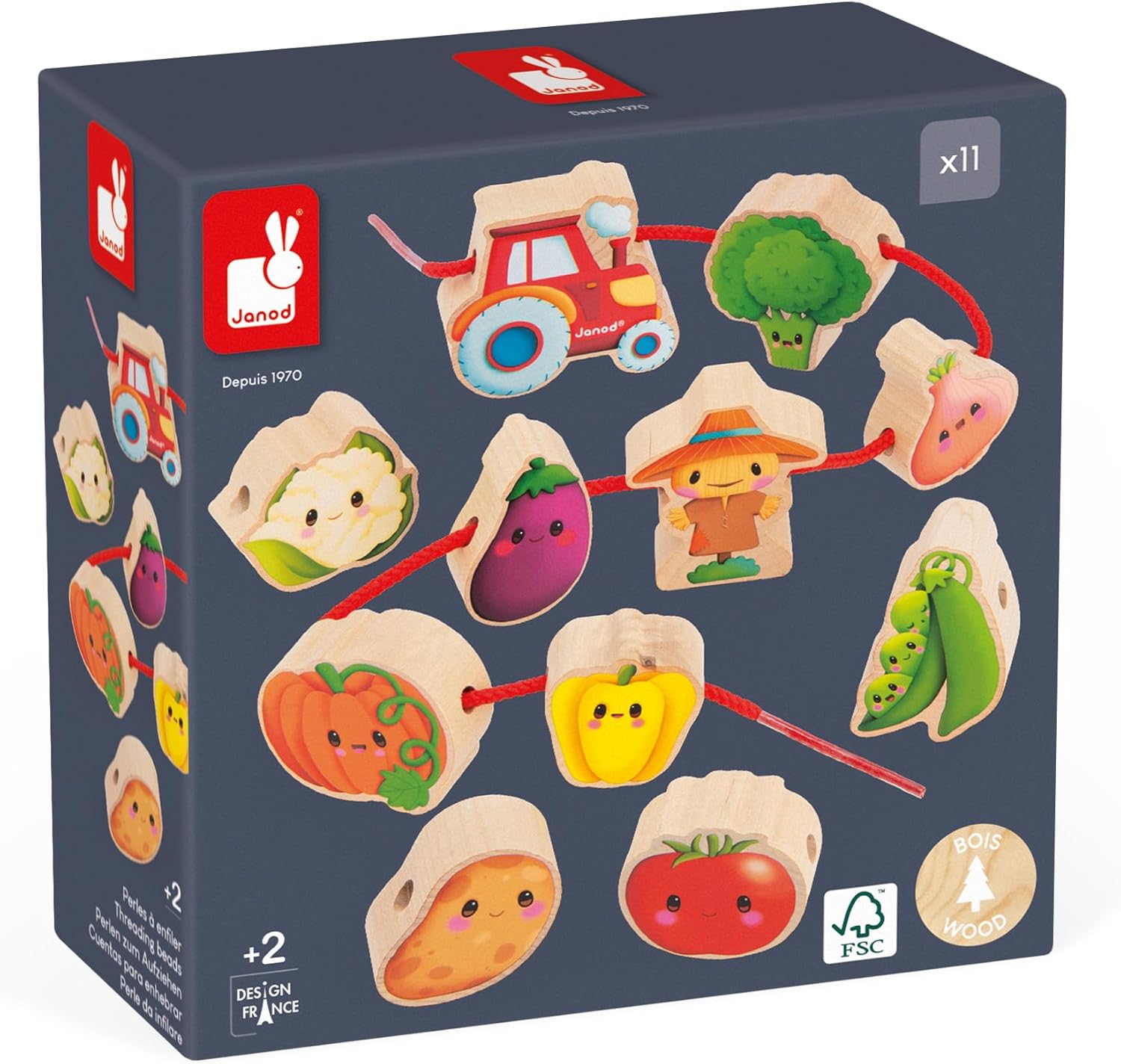 Janod - J03313 - Thread Beads - Vegetable Garden Theme - Early Learning Toy - 11 Wooden Beads for Children + 2 Ropes - Develops Dexterity - FSC Wooden Toy - From 24 Months