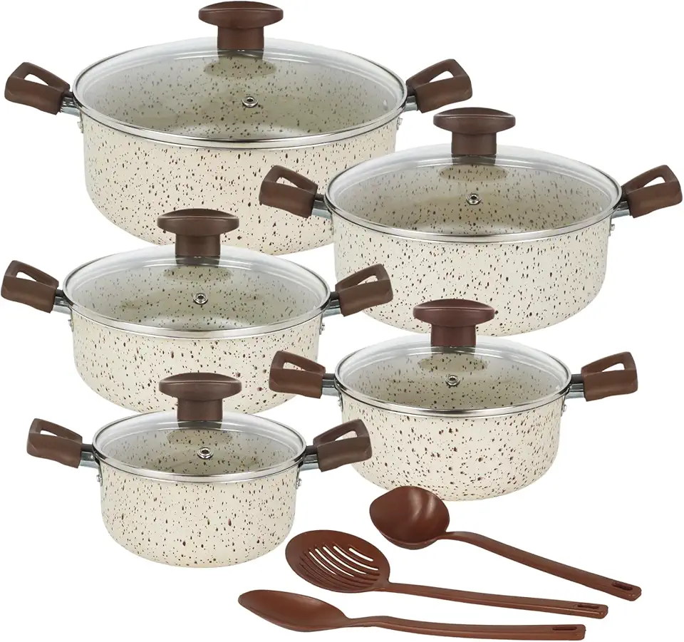 Jogo de Caçarolas Antiaderentes Dona Chefa Baunilha com Tampa de Vidro – 5 Peças (14 a 22cm) – Alumínio Resistente, Fogões Gás e Elétrico