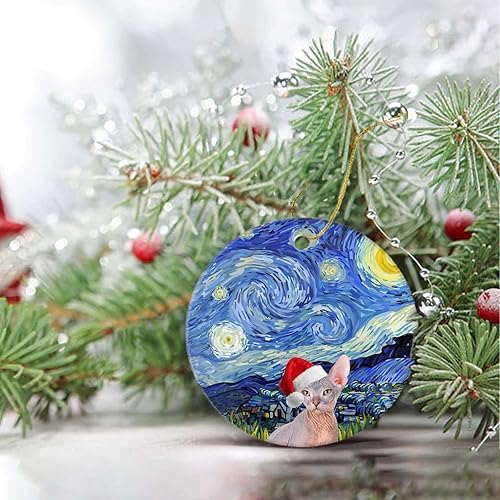 Miniatura 3 de Sphynx - Adornos de cerámica de Navidad para gatos 2024, lindo sombrero de Papá Noel, regalo de vacaciones, decoración del árbol de Navidad, adorno