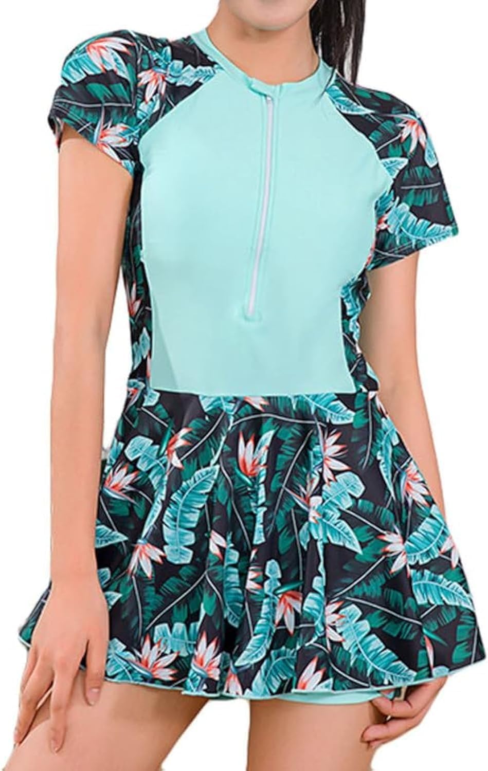 JadeRich Teen Girls One Piece Short Sleeve Swim Dress Rash Guard Bathing Suit Skirted Zip Front Swimwear