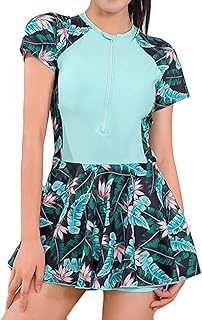 JadeRich Teen Girls One Piece Short Sleeve Swim Dress Rash Guard Bathing Suit Skirted Zip Front Swimwear