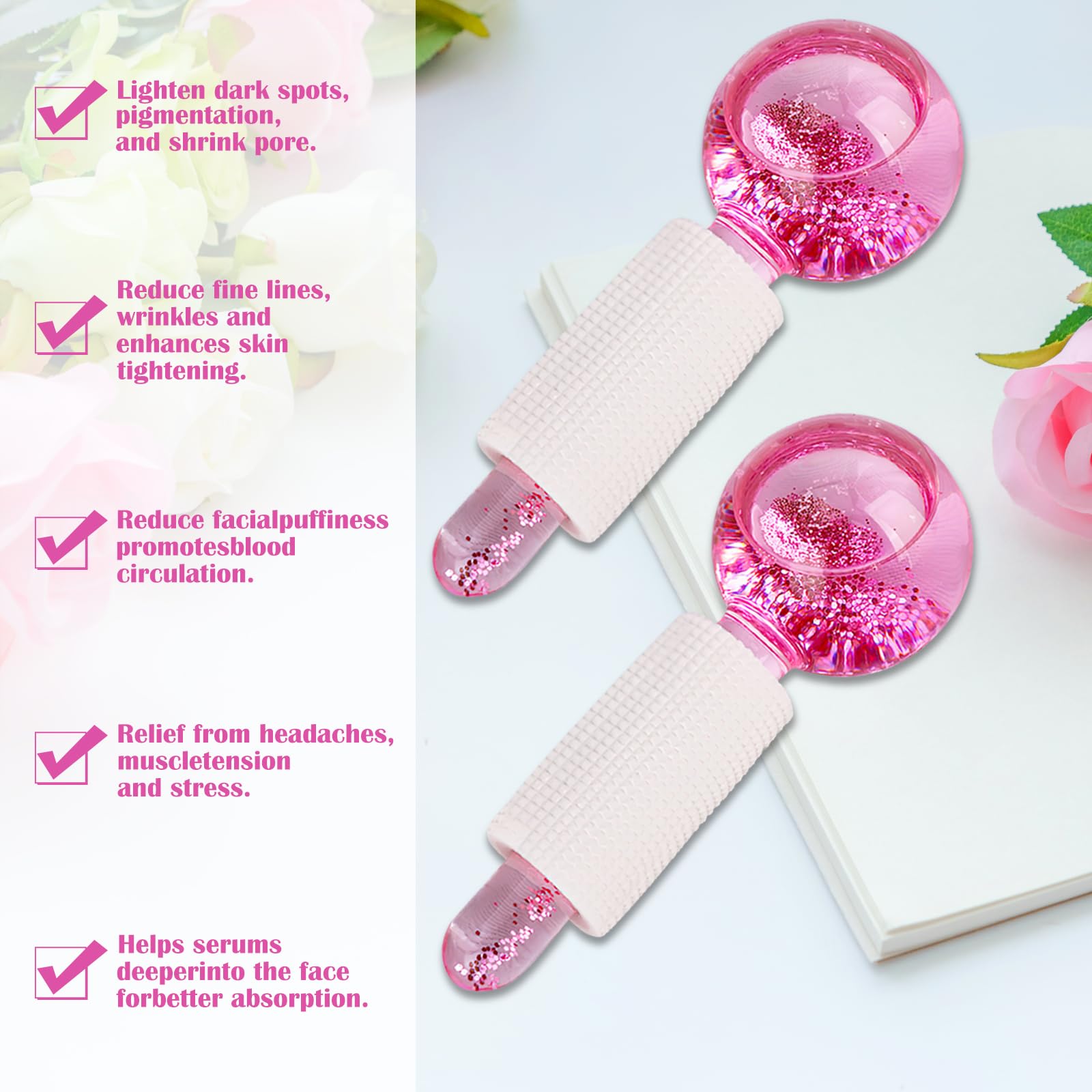 2 globos faciales de hielo para rostro, juego de bolas de enfriamiento para ojos y cuello, rodillo facial para tonificar la piel, reducir la hinchazón, ojeras, mejorar la circulación sanguínea (rosa)
