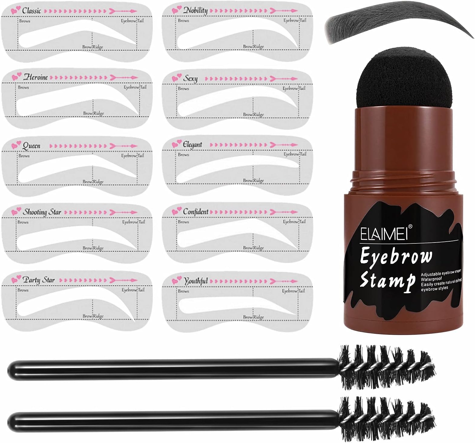 Eyebrow Stamp Stencil Kit (Black),Eye Brow Stamping Kit with 10 Reusable Eyebrow Stencils and 2 Eyebrow Brushes, Long Lasting Waterproof Hairline Shadow Powder
