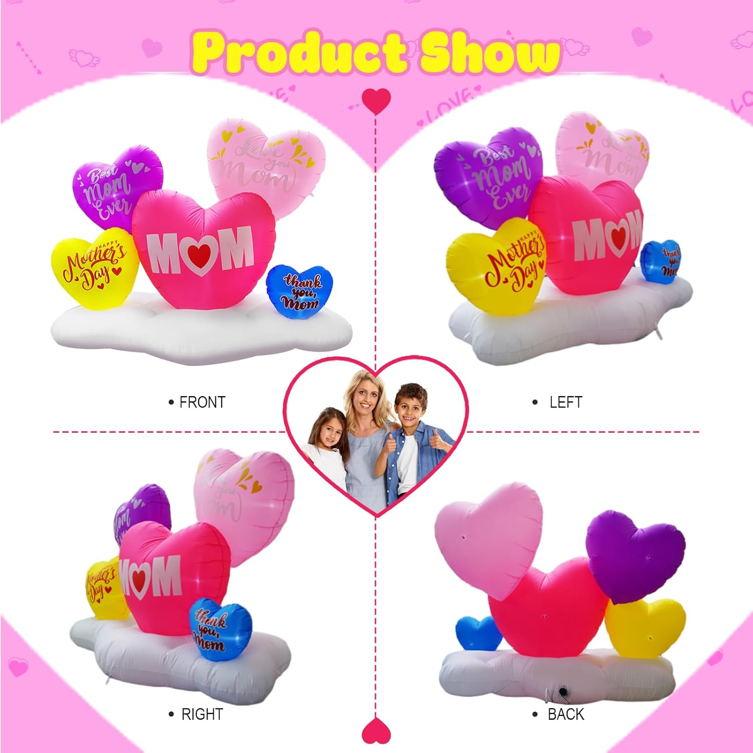 8FT Inflatable Happy Mother's Day Decorations, 5 Sweet Hearts Best Mom Ever with 5 LED Lights Blow Up Inflatable Outdoor Indoor Yard Decorations or Gifts for Mom