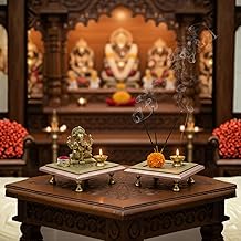Wooden Handicrafted Bajot | Handcrafted Rexine Pooja Chowki for Mandir | Decorative Golden Embossed Platform for Idols, Kalash & Pooja Articles | Traditional Indian Handicraft Stand for Home Temple & Festivals (Rexine (6'' x 6'')( Pack of 2))