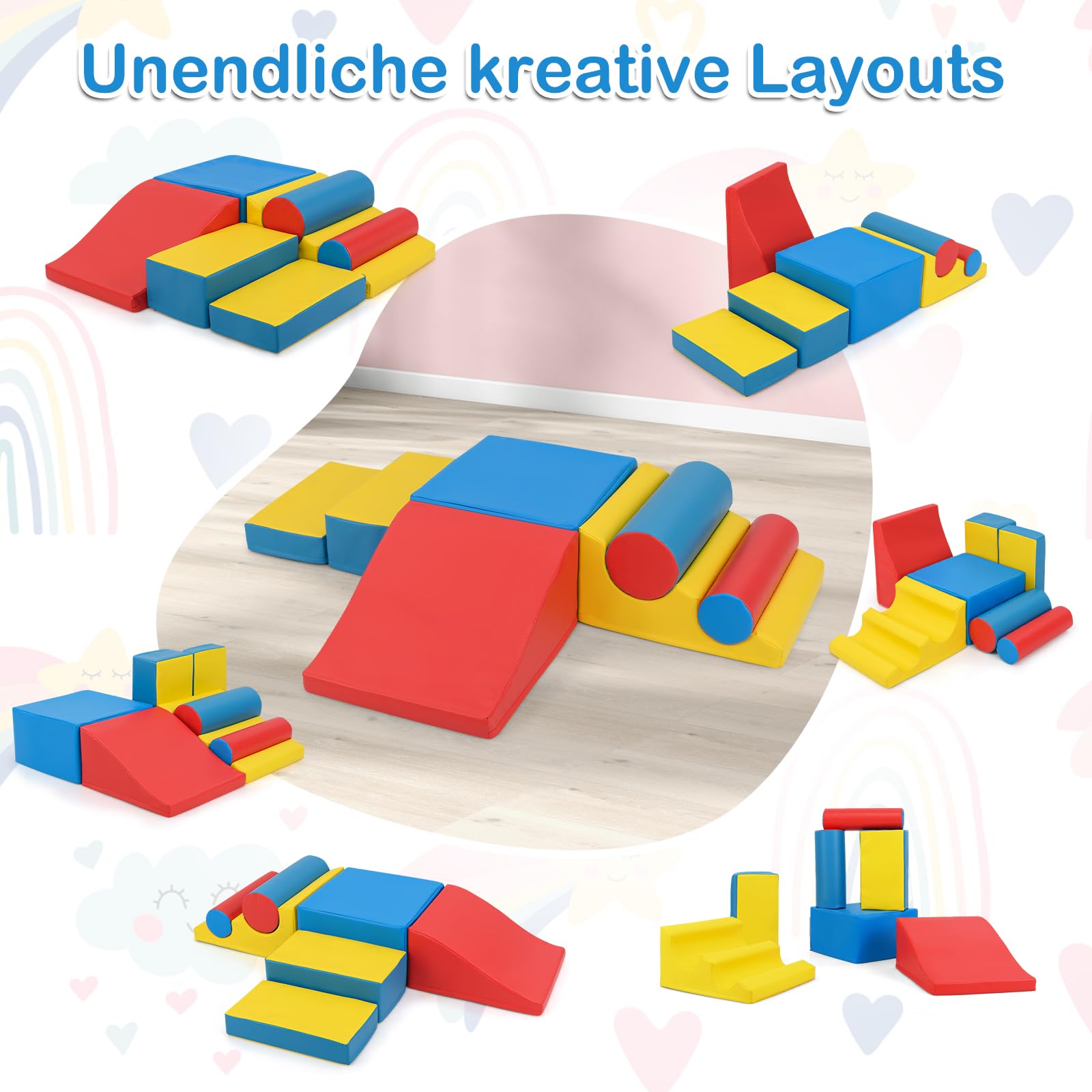 DREAMADE 7 tlg. Softbausteine für Baby & Kleinkinder, Schaumstoff Bausteine mit Klettverschlüssen, Wasserfester Kunstlederbezug, Rutschfeste Basis, Kletterblöcke für Baby Indoor Klettern & Toben, Bunt
