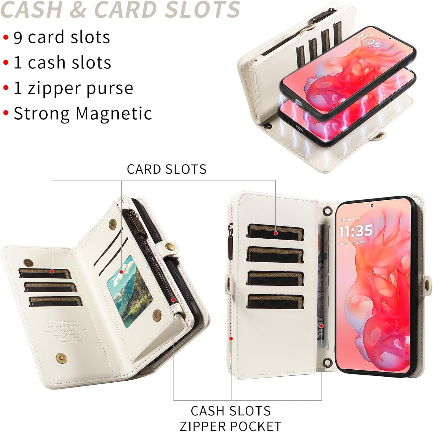 Asuwish Phone Case for Motorola Moto G Stylus 5G 2024 Zipper Wallet Detachable Cell Cover with Tempered Glass Screen Protector Crossbody Lanyard Strap Flip Card Holder Slot G5 XT2419-2 White