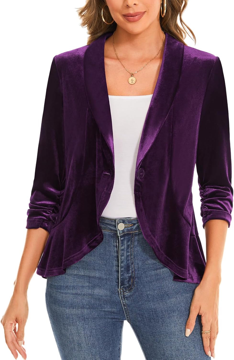 MINTLIMIT Velvet Coat for Women Shawl Collar Casual Formal Button Front Jacket Suits 3/4 Ruched Sleeve Blazer with Ruffle Hem,Purple,L