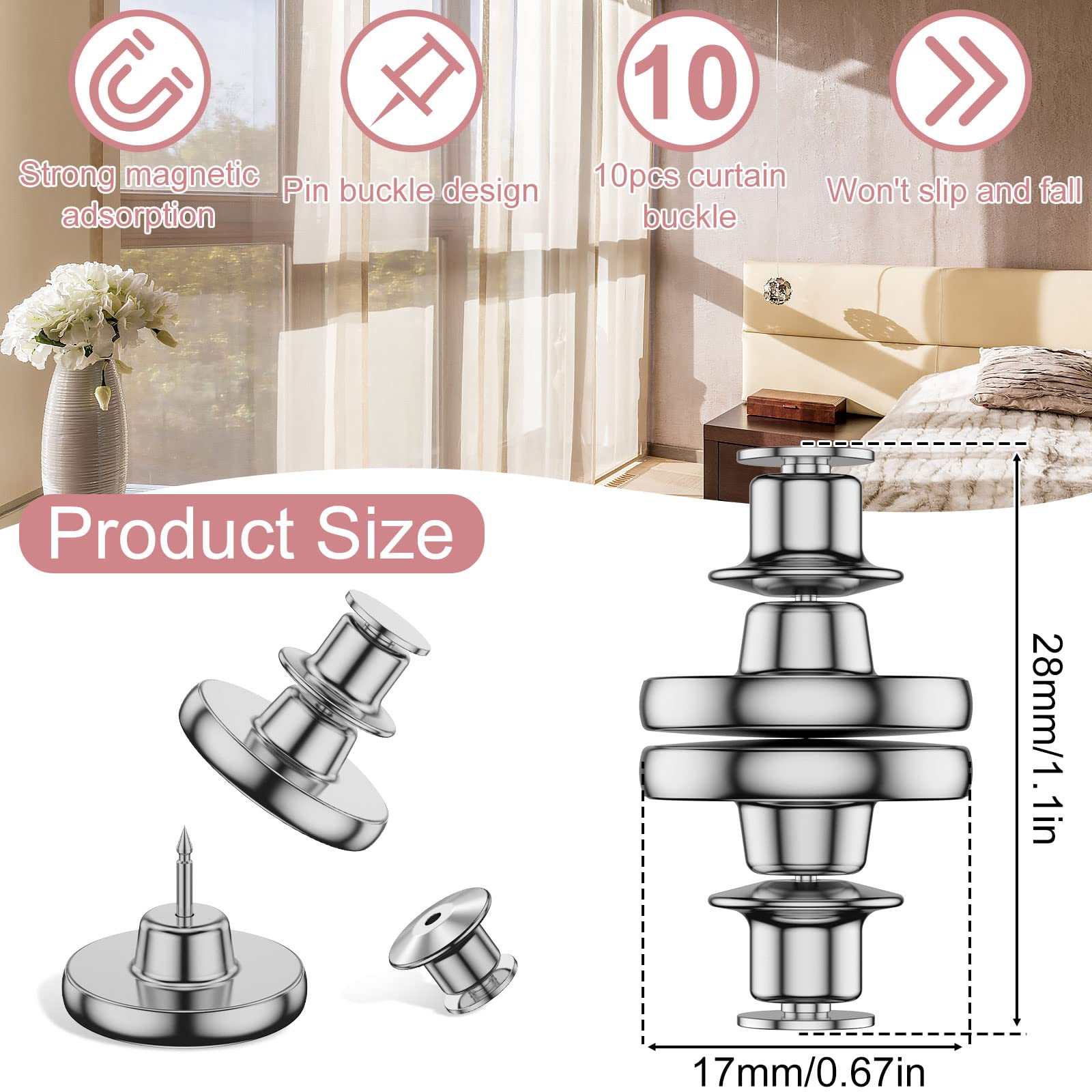 Lot De 10 Aimants Pour Rideaux En Forme De Cœur - Fermeture Magnétique Anti-Lumière - Zinc Argenté