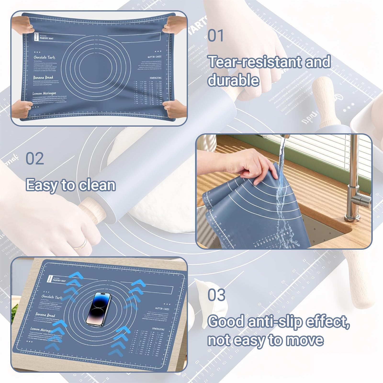 Set Combinato in Silicone E Tappetino in Silicone, 60x40 cm, Mattarello e Blu Tappetino per Impasto + Raschietti + Pennello, Spianatoia Silicone per Pasta, Pizza, Pasticcino