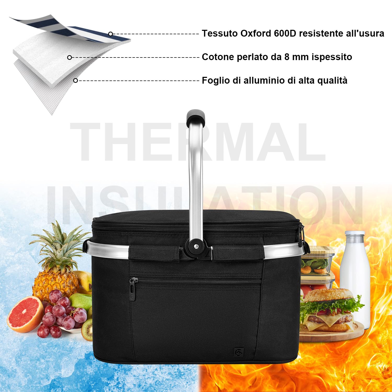 ALLCAMP Cestino Picnic Pieghevole - Cestino Per la Termico per Alimenti Freddi con Coperchio,Cestino Picnic Rimovibile,Cestino Termico con Telaio in Alluminio,Borsa Frigo Spesso（Piccolo-nero）