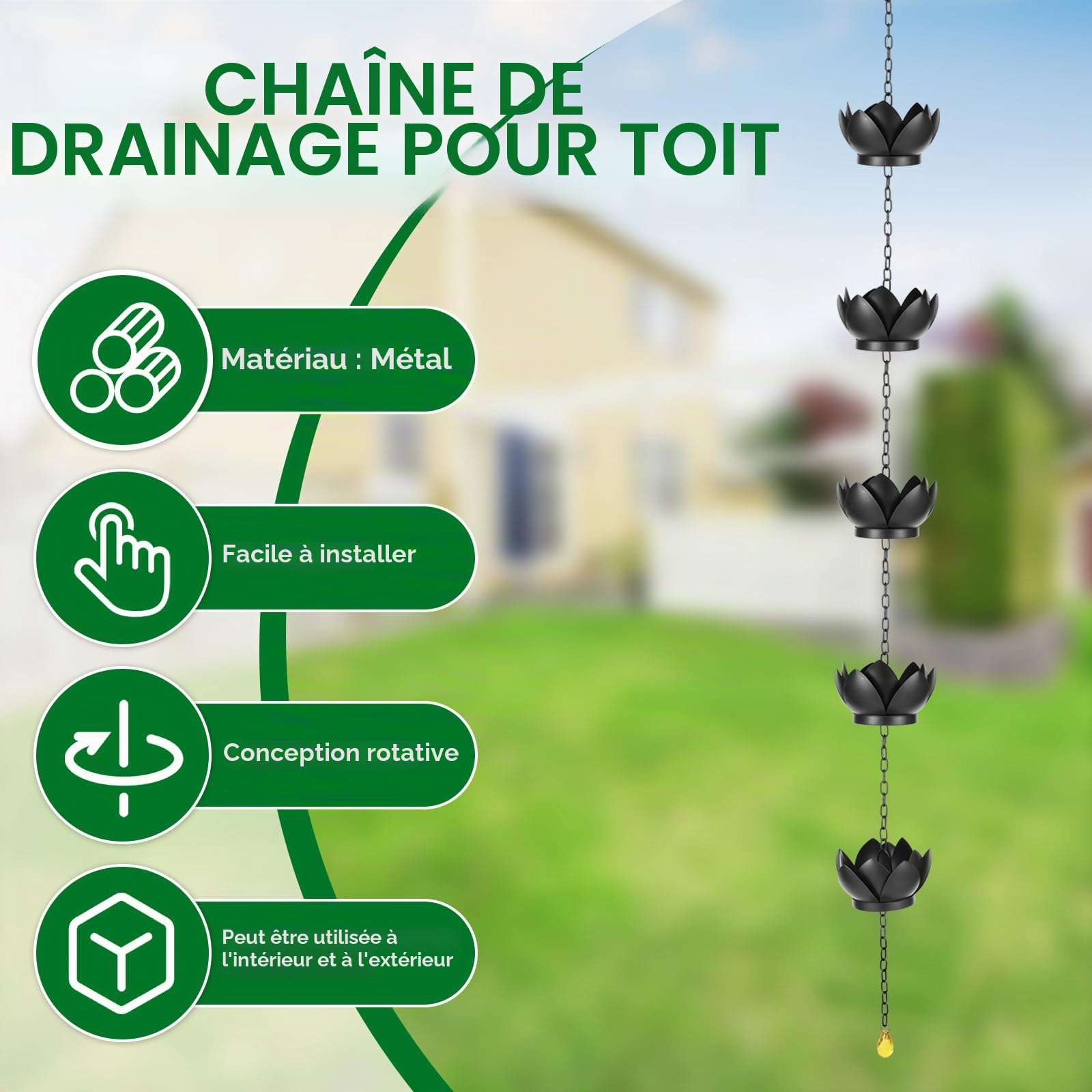 Chaîne de pluie, chaîne de gouttière chaîne d'évacuation de pluie avec crochets en S, chaîne de pluie chaîne d'évacuation, longueur réglable, chaîne de pluie avec imitation de nénuphars, pour