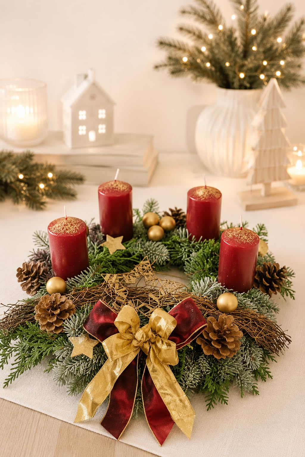 Adventskranz frisch Bordeauxrot Gold 35cm Weihnachten Advent Gesteck Nobilistanne Mischkranz C