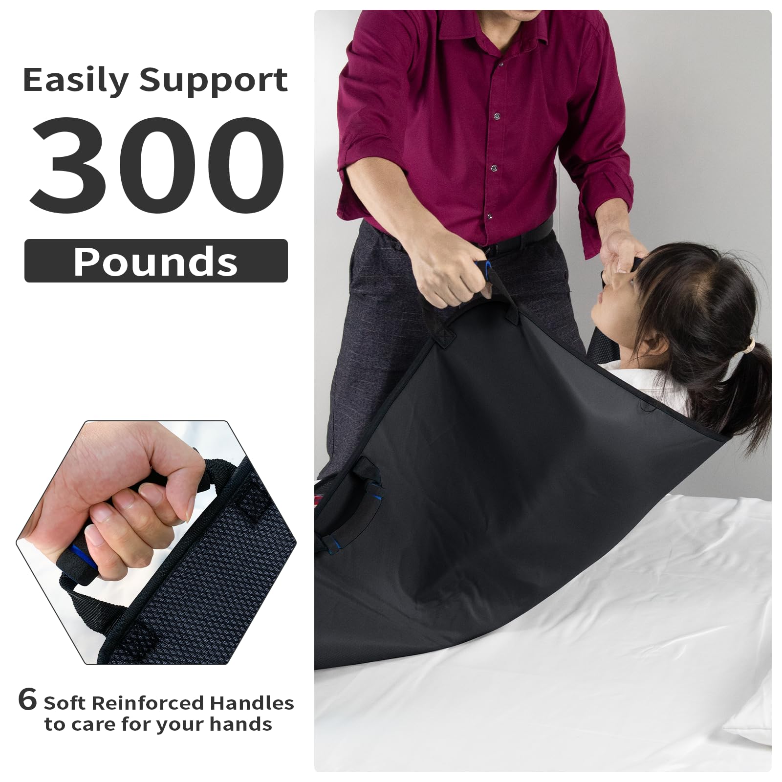 Almohadillas de cama de posicionamiento con asas, sábana de transferencia lavable de 34 x 36 pulgadas para ancianos, 6 asas, tabla de transferencia esencial para cuidadores, ayuda de movilidad