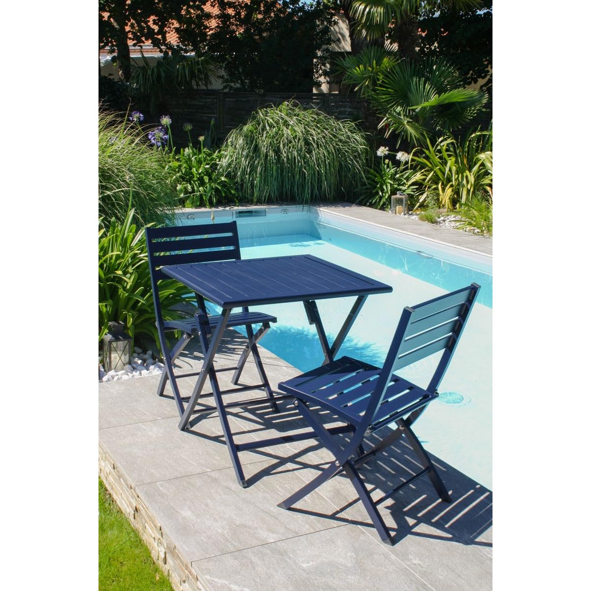 Paris Prix Ensemble Table de Jardin Pliante & 2 Chaises Marius 70cm Bleu Marine