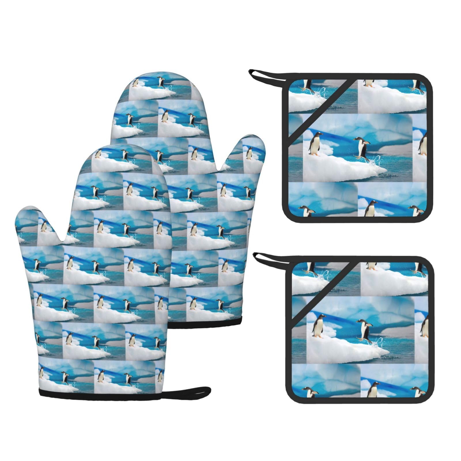 Penguin Printed Potholder and Oven Mitt Set of 4, High Heat Resistant Cooking Gloves for BBQ Grilling