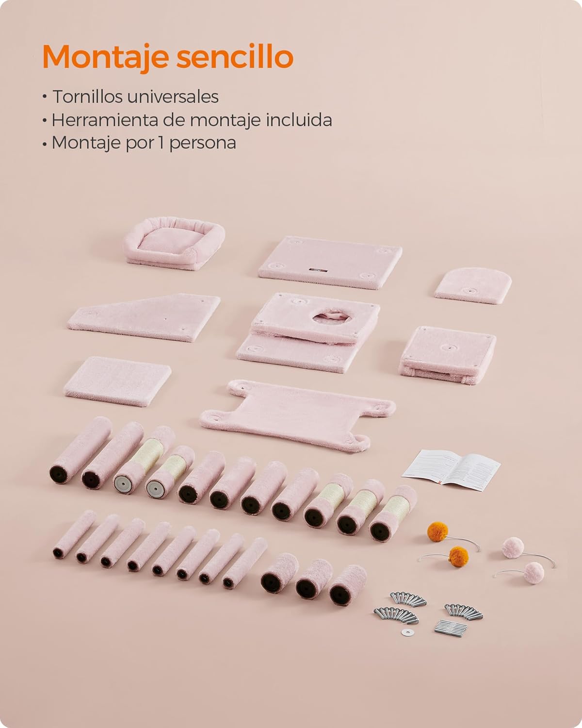 All components of the Feandrea Cat Tree laid out on a flat surface, including platforms, posts, caves, and assembly hardware.