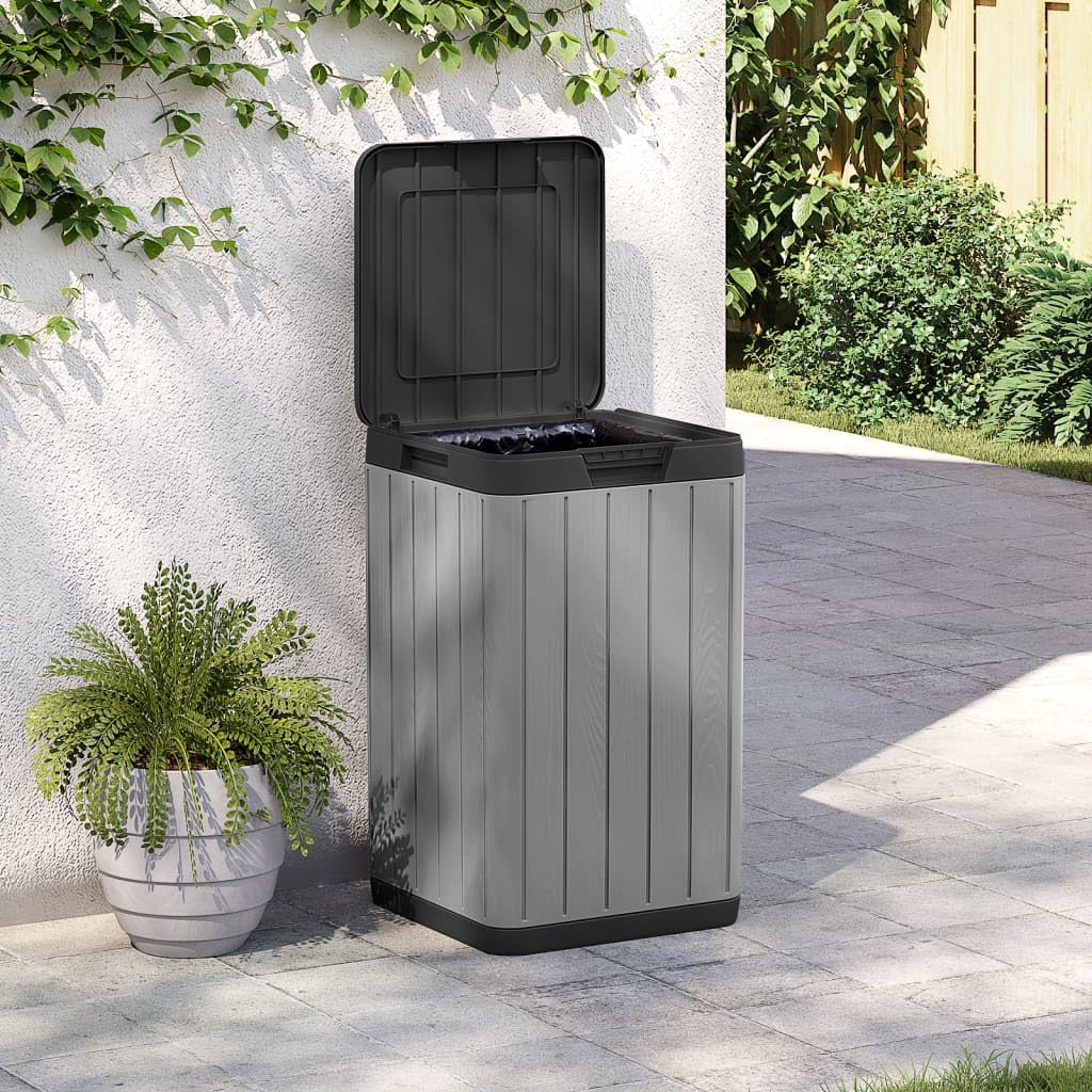Outdoor Mülltonne grau 38x38x65 cm aus PP mit 80 L Fassungsvermögen, Deckel und Holz Optik für Garten, Park, Haushalt, Recycling und saubere Abfallentsorgung