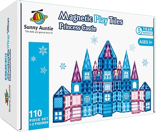 110 azulejos magnéticos de castillo de princesa, funda de transporte con cremallera + 2 muñecas de regalo incluidas, bloques magnéticos, juguetes