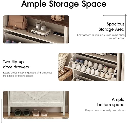 Miniatura 6 de Vabches Armario de zapatos para entrada con 2 cajones abatibles, organizador de zapatos con iones negativos y función desodorizante, armario oculto