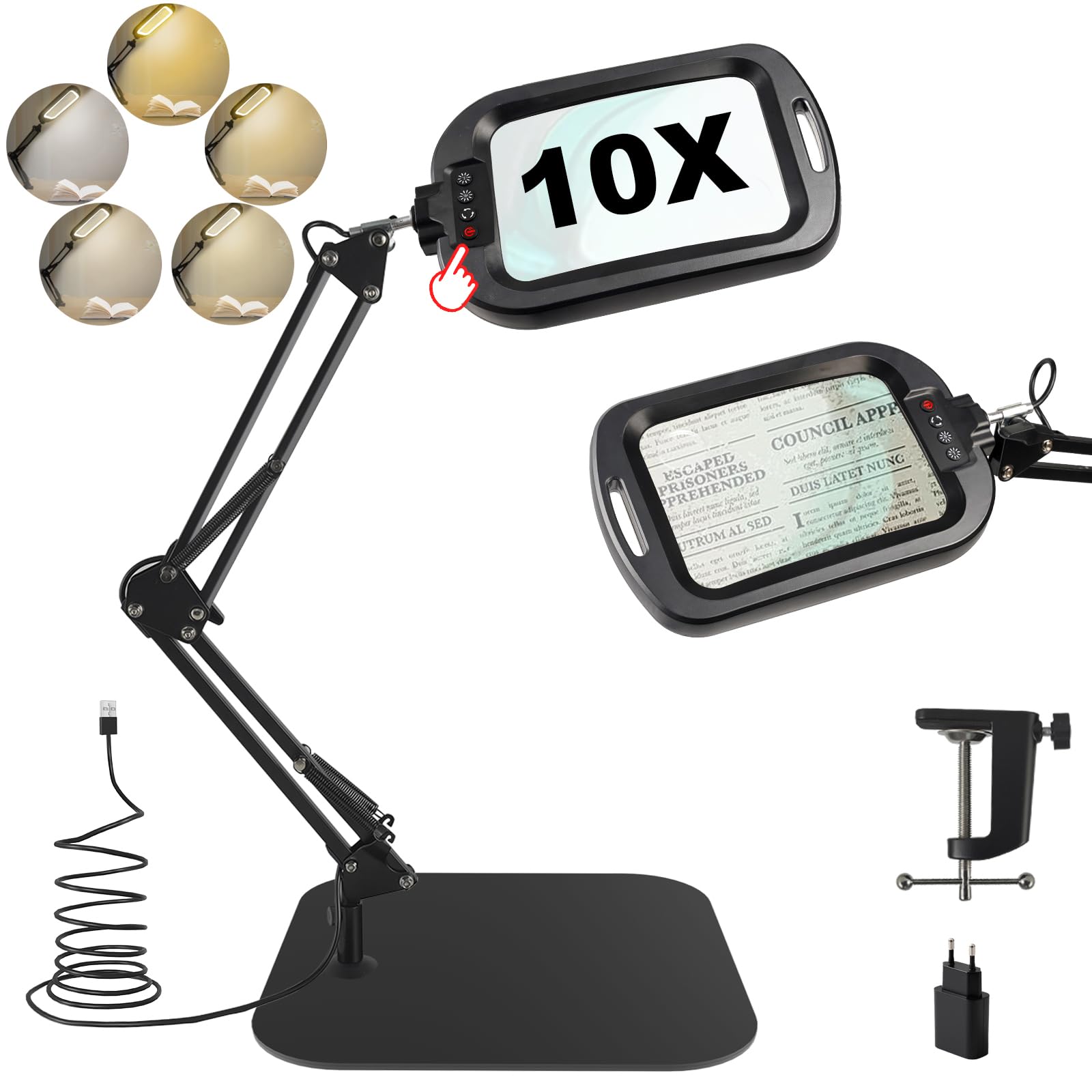 GABORISH 10 lupas de mesa con luz y soporte, lámpara de lupa rectangular con 60 LED, 5 modos de color y regulable, sin manos, lupa de pie con luz, 2 en 1, lámpara con lupa con abrazadera y base para