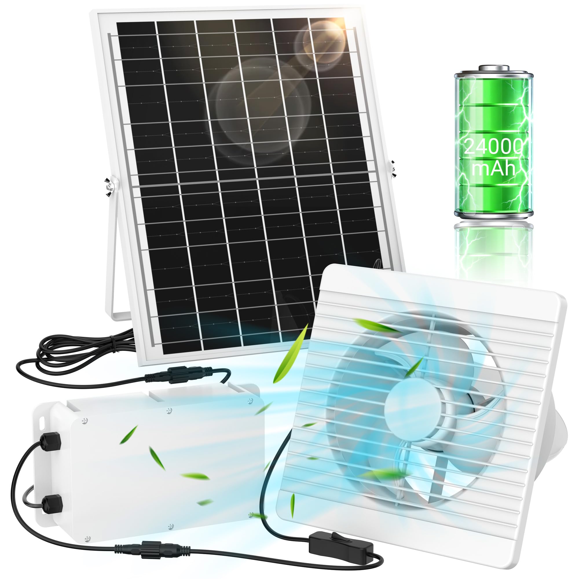 Solar Exhaust Fan with 24000mAh Battery, 25W 8" Solar Powered Fan for Run Day/Night Use, 3200 RPM High-Speed Low Noise Waterproof Ventilation Fan for Chicken Coops, Greenhouses, Garages & Sheds