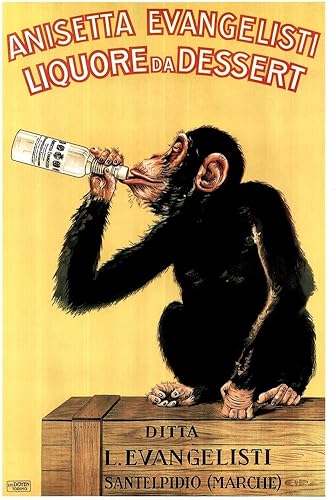 Anisetta Evangelisti laminado Licor Da Postre por Carlo Biscaretti 1925 Botella de licor de alcohol vintage Publicidad italiana Beber Monkey