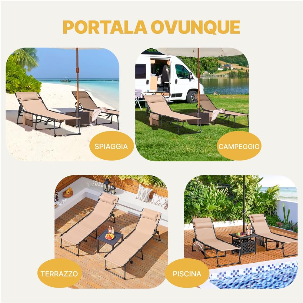 Yaheetech Lettino Sdraio Pieghevole Regolabile in 5 Posizioni per Esterno Giardino Spiaggia Campeggio con Poggiatesta e Tasca, 189 x 57 x 34 cm, Colore Beige