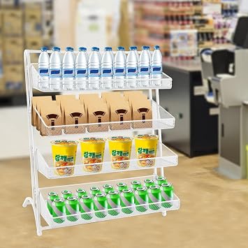 4 Tier Candy Display Rack Retail Display Rack Stand,Snack Organizer For Countertop,Lockable Candy Cart with Universal Wheels,Pantry Organizers and Storage White Snack Stand with 10 Hooks,White