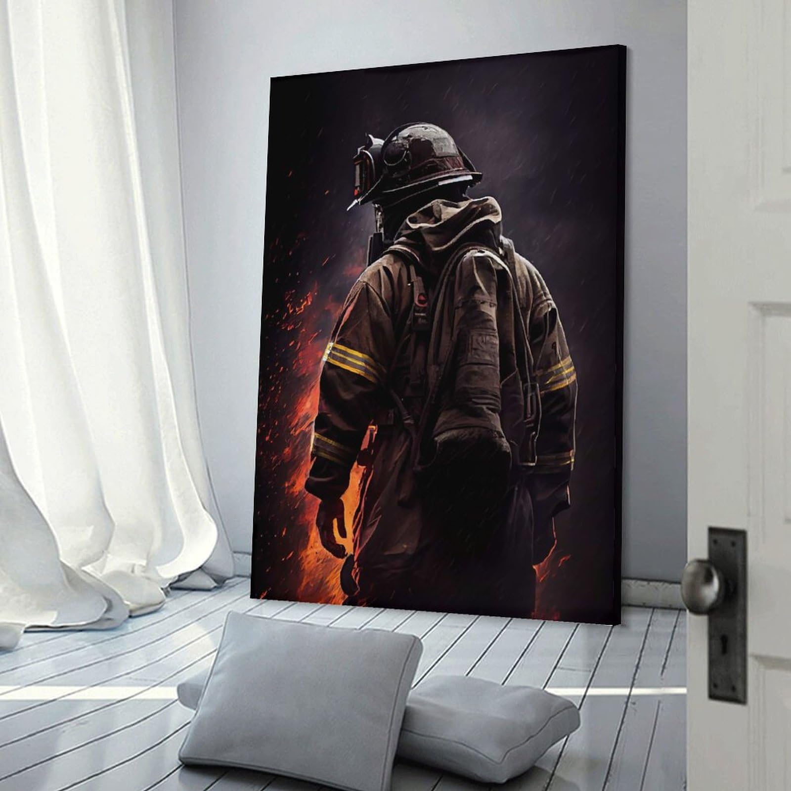 Junmoney Firefighter Black Wall Decor Canvas Print 20x30inch(50x75cm), for Lounge, Study, Hallway Or Flat Walls, Decorative Artwork with Broad Appeal