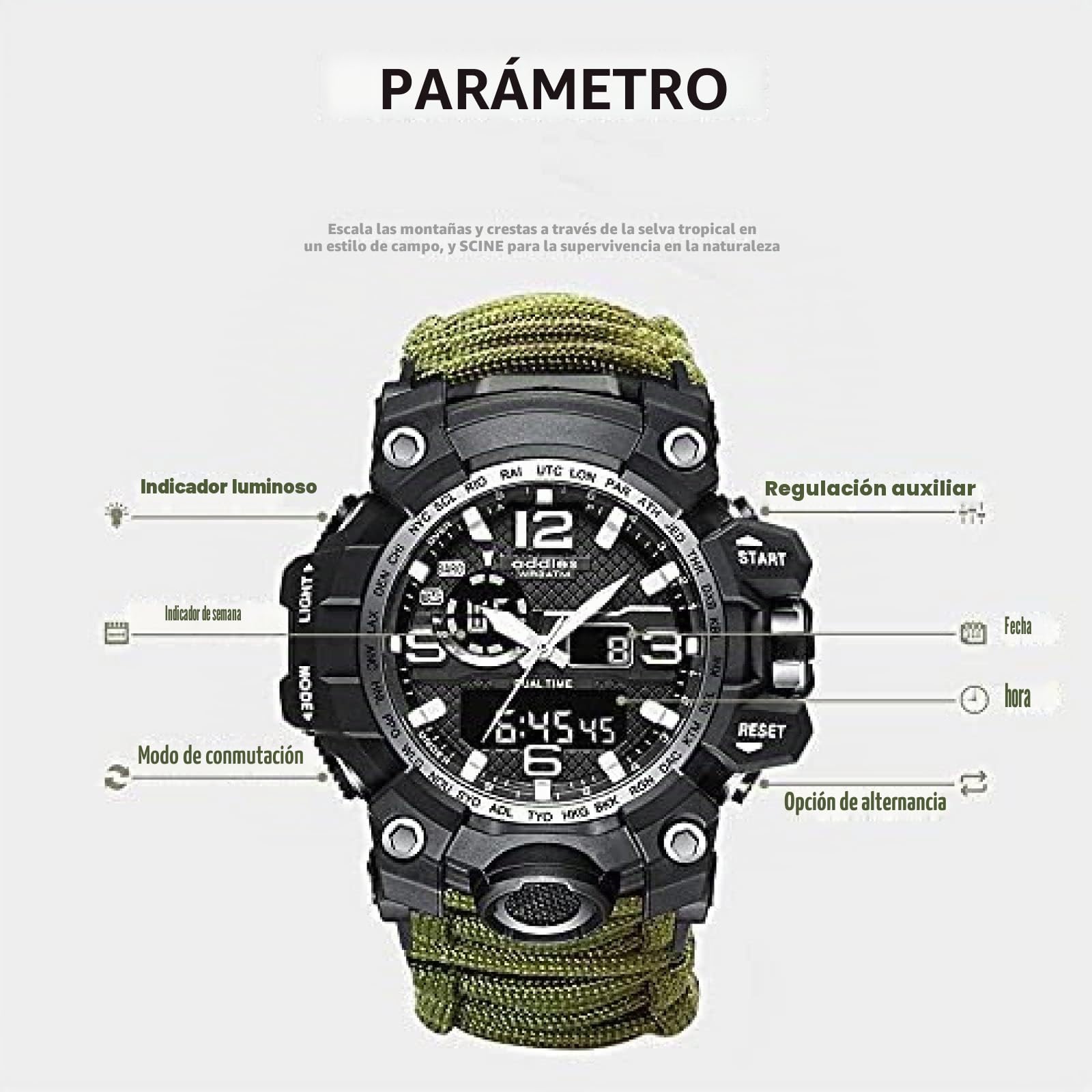 Reloj analógico Militar, Silbato al Aire Libre, brújula Luminosa Impermeable para Hombres, Reloj de Escalada con cordón de Paraguas multifunción, cronómetro por Hora con Pantalla Dual