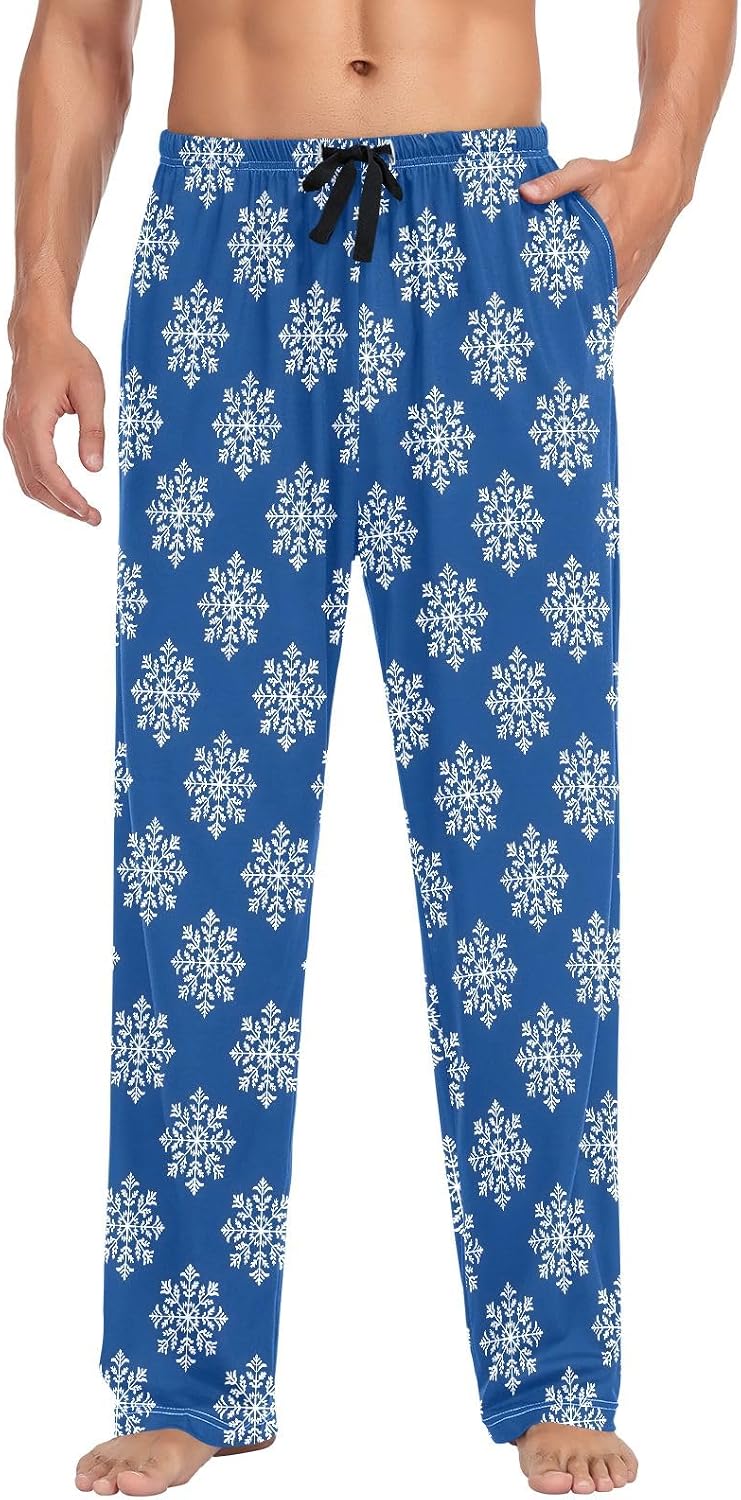 Navy Creative Snowflake Prints Men Pajama Pants Lounge Pajama Bottoms with Pockets Drawstring Sleep Lounge