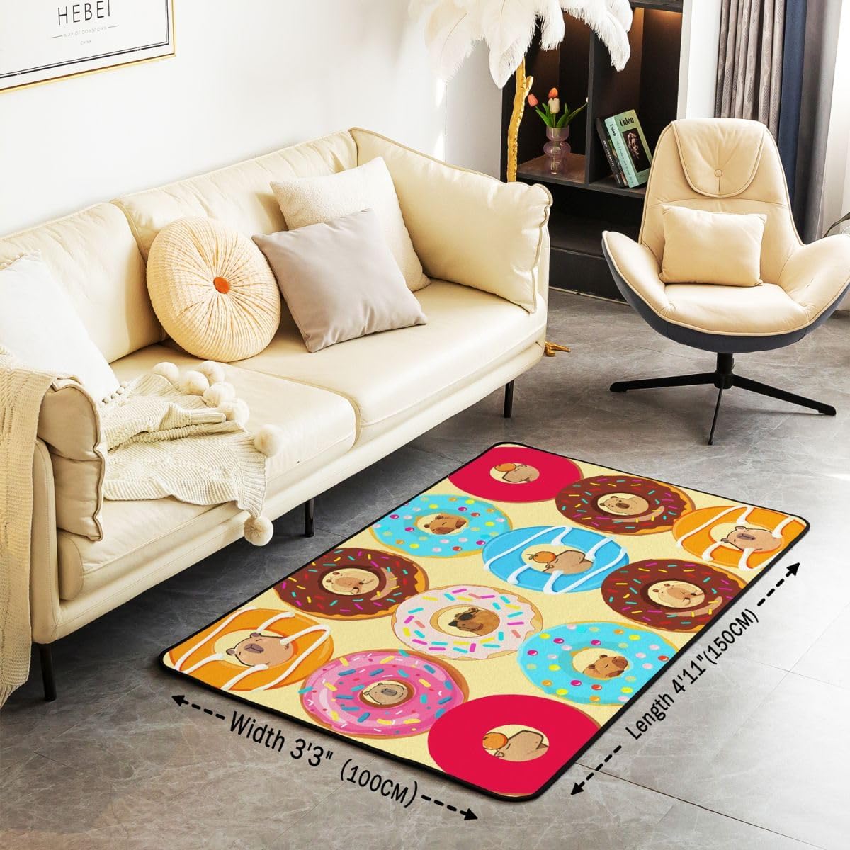 Capybara Area Rug 3x5 for Kids - Donuts Kawaii Decorative Carpet Set - Lovely Living Room Rugs with Funny Animal and Food Theme - Bedroom Decor Indoor Floor Mat for Boys and Girls